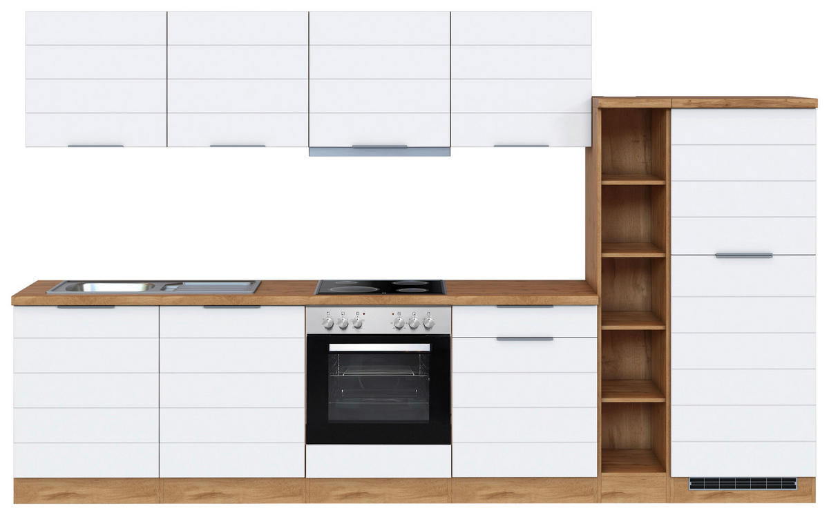 KÜCHENBLOCK 330 cm   in Weiss, Eiche Wotan  - Weiss/Eiche Wotan, Design, Holzwerkstoff/Metall (330cm) - Held