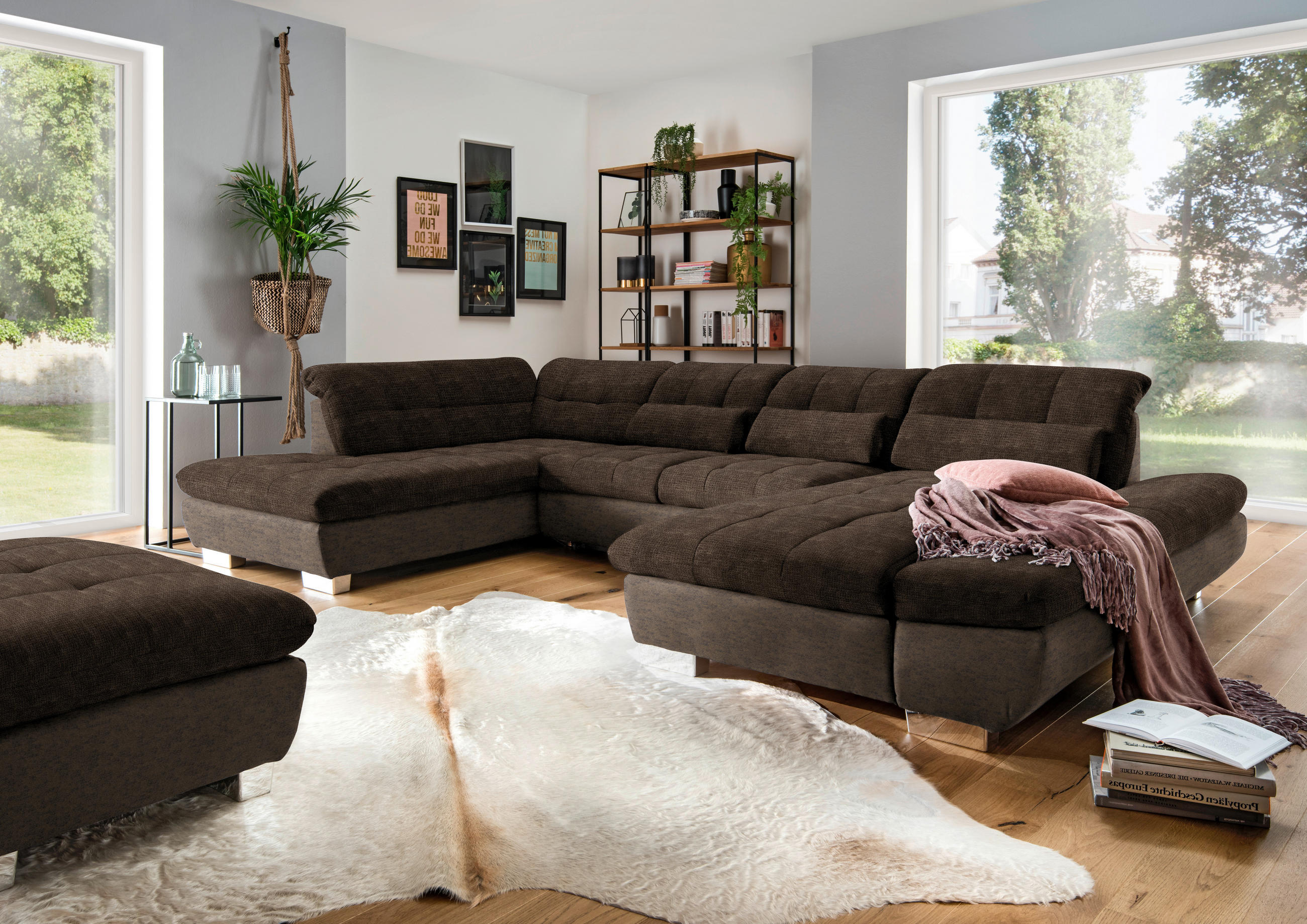 WOHNLANDSCHAFT in Mikrofaser Braun  - Chromfarben/Braun, Design, Kunststoff/Textil (211/350/204cm) - Xora
