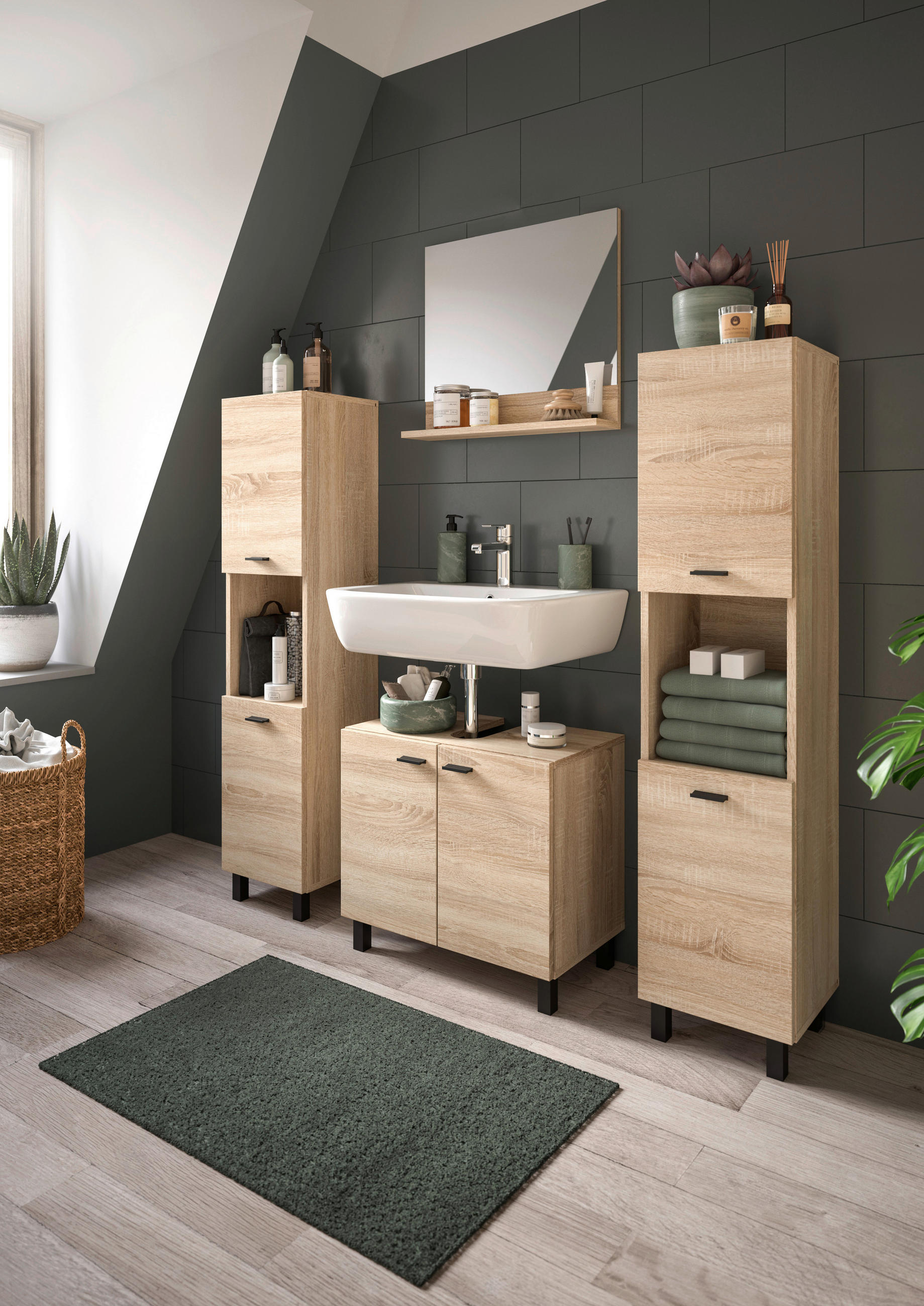 BADEZIMMER 4-teilig  in 117 cm  - Schwarz/Sonoma Eiche, MODERN, Glas/Holzwerkstoff (117cm) - MID.YOU