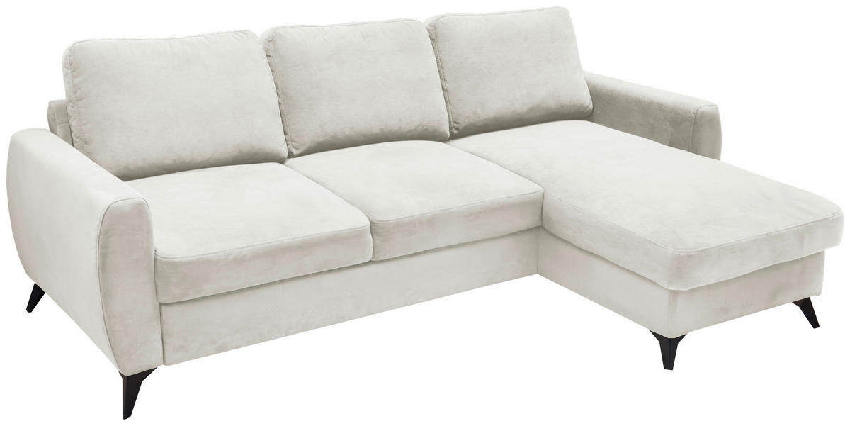 ECKSCHLAFSOFA JEFFREY Mikrovelours Creme  inkl. Zierkissen, Rückenkissen, Stauraum  - Taupe/Creme, KONVENTIONELL, Textil/Metall (230/150cm) - Livetastic