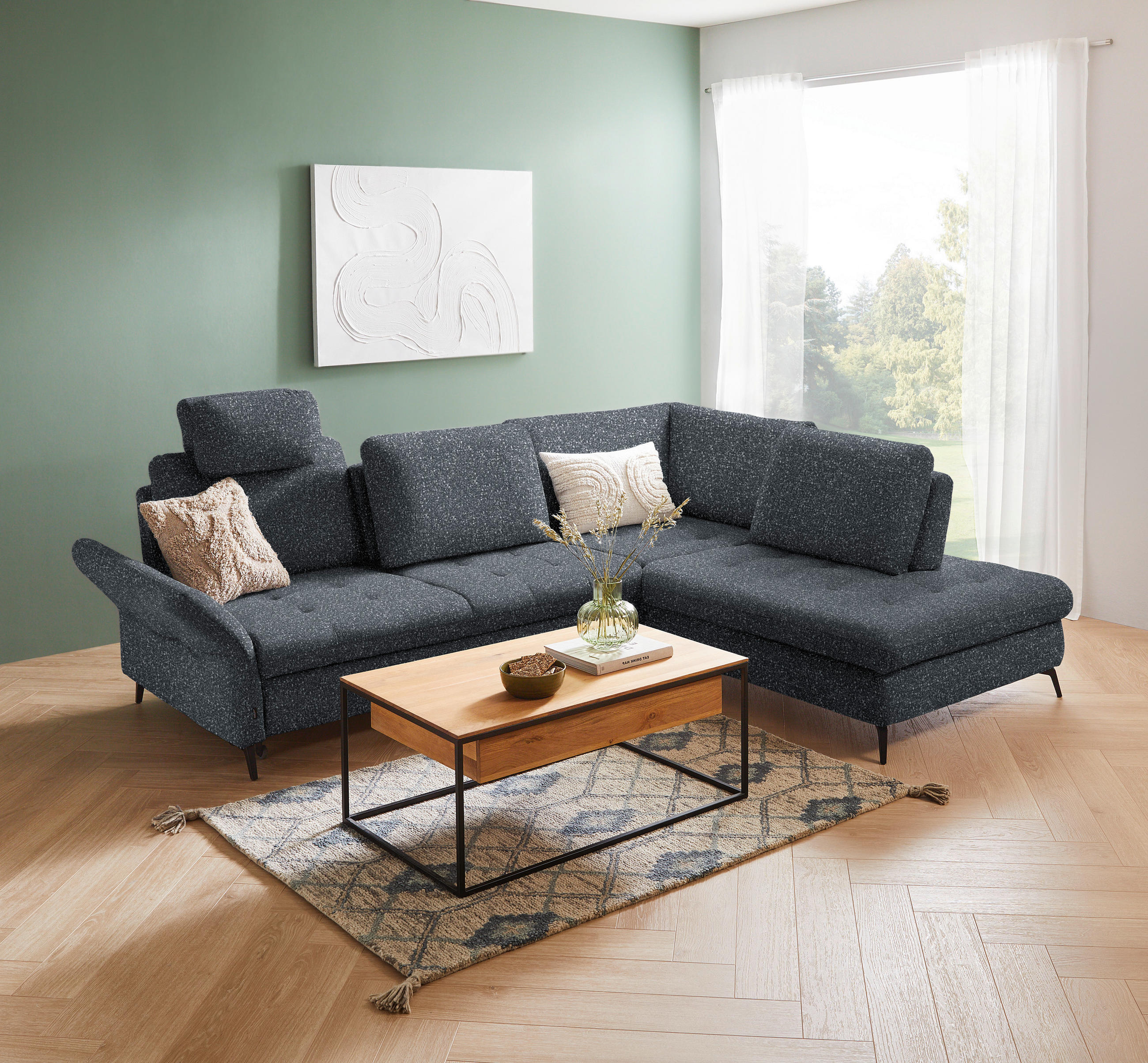 ECKSOFA in Bouclé Dunkelgrau  - Dunkelgrau/Schwarz, Natur, Textil/Metall (288/233cm) - Valnatura