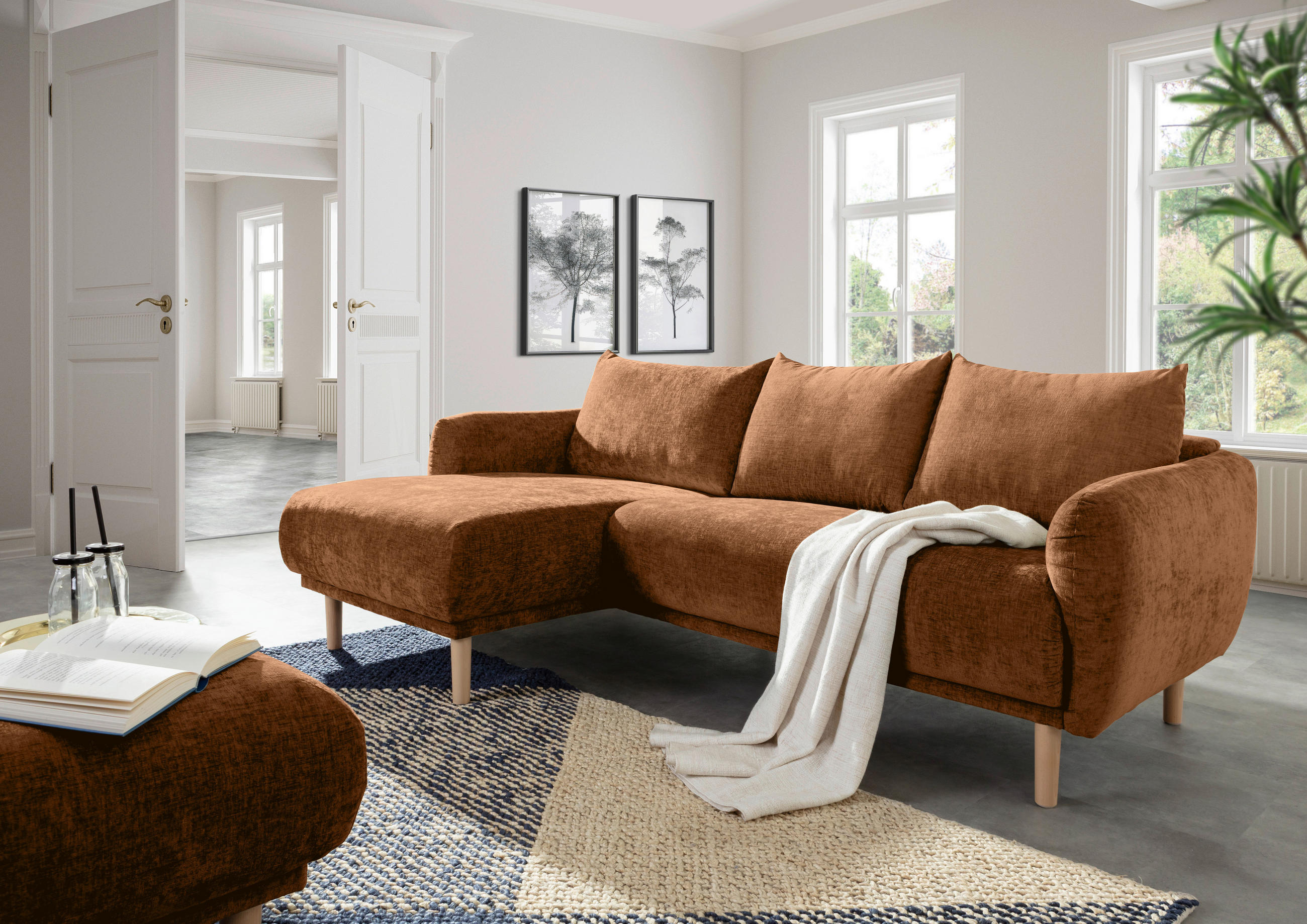 ECKSOFA Rostfarben Flachgewebe  - Rostfarben/Buchefarben, KONVENTIONELL, Holz/Textil (144/230cm) - Carryhome