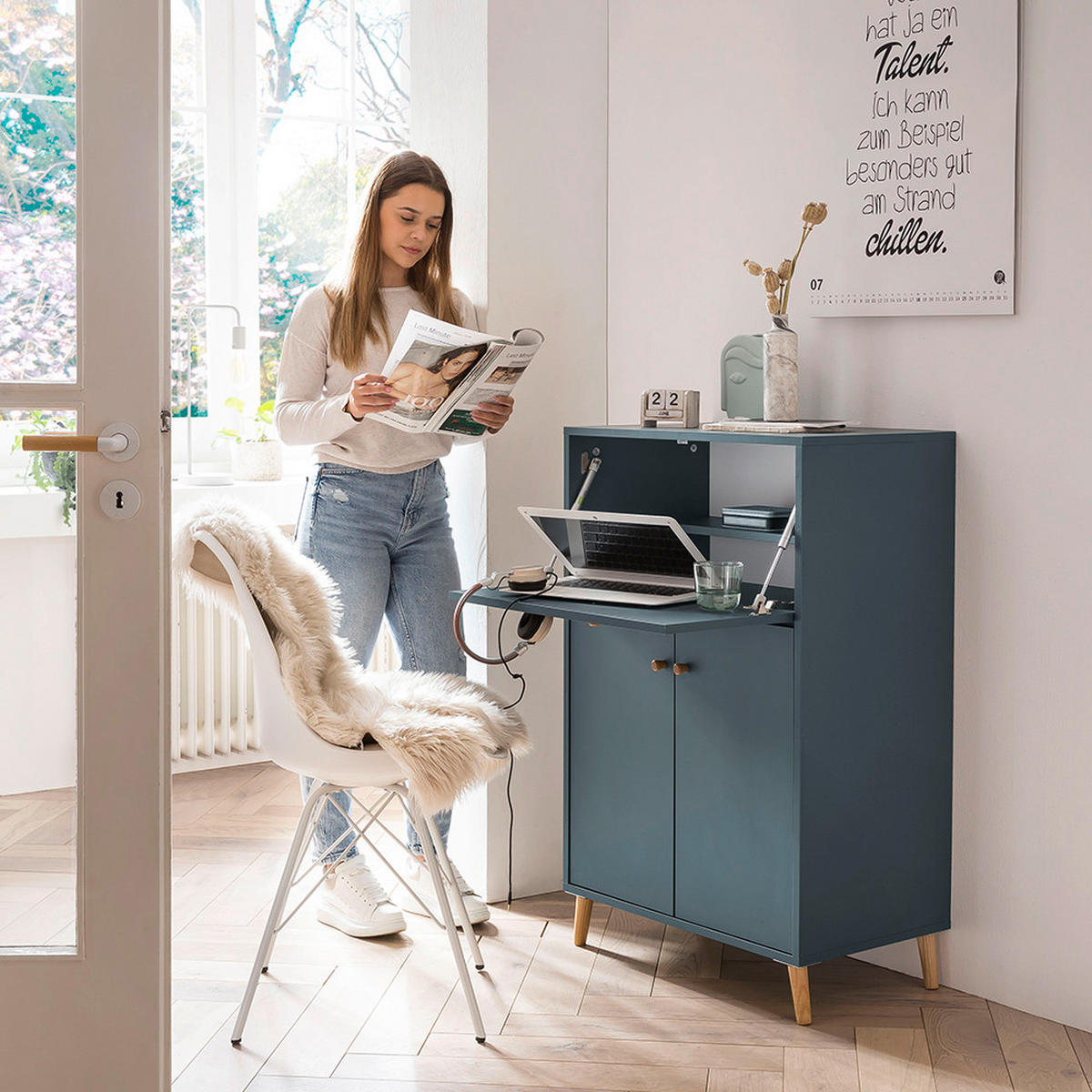 SEKRETÄR  in verschiedenen Holz-Dekoren erhältlich  - Blau/Weiß, MODERN, Holz/Holzwerkstoff (65,2/101,7/39cm) - MID.YOU