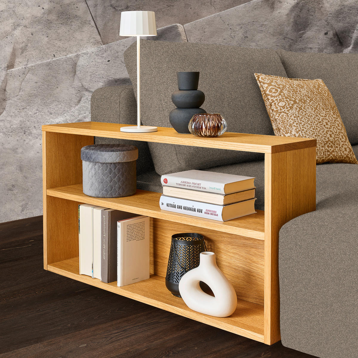 ECKSOFA in Flachgewebe Greige  - Greige/Eichefarben, Design, Holz/Textil (190/307cm) - Joka
