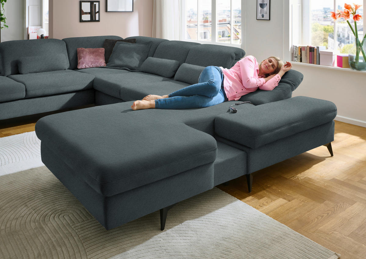 WOHNLANDSCHAFT Chenille Blau  - Blau/Schwarz, Design, Textil/Metall (255/364/198cm) - Beldomo Style