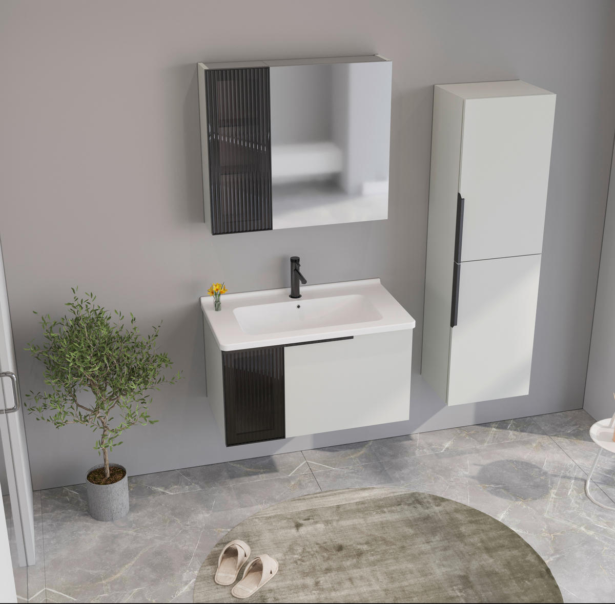 BADEZIMMER 3-teilig  in  - Weiß Hochglanz/Beige, MODERN, Glas/Holz (80/114/45cm) - MID.YOU