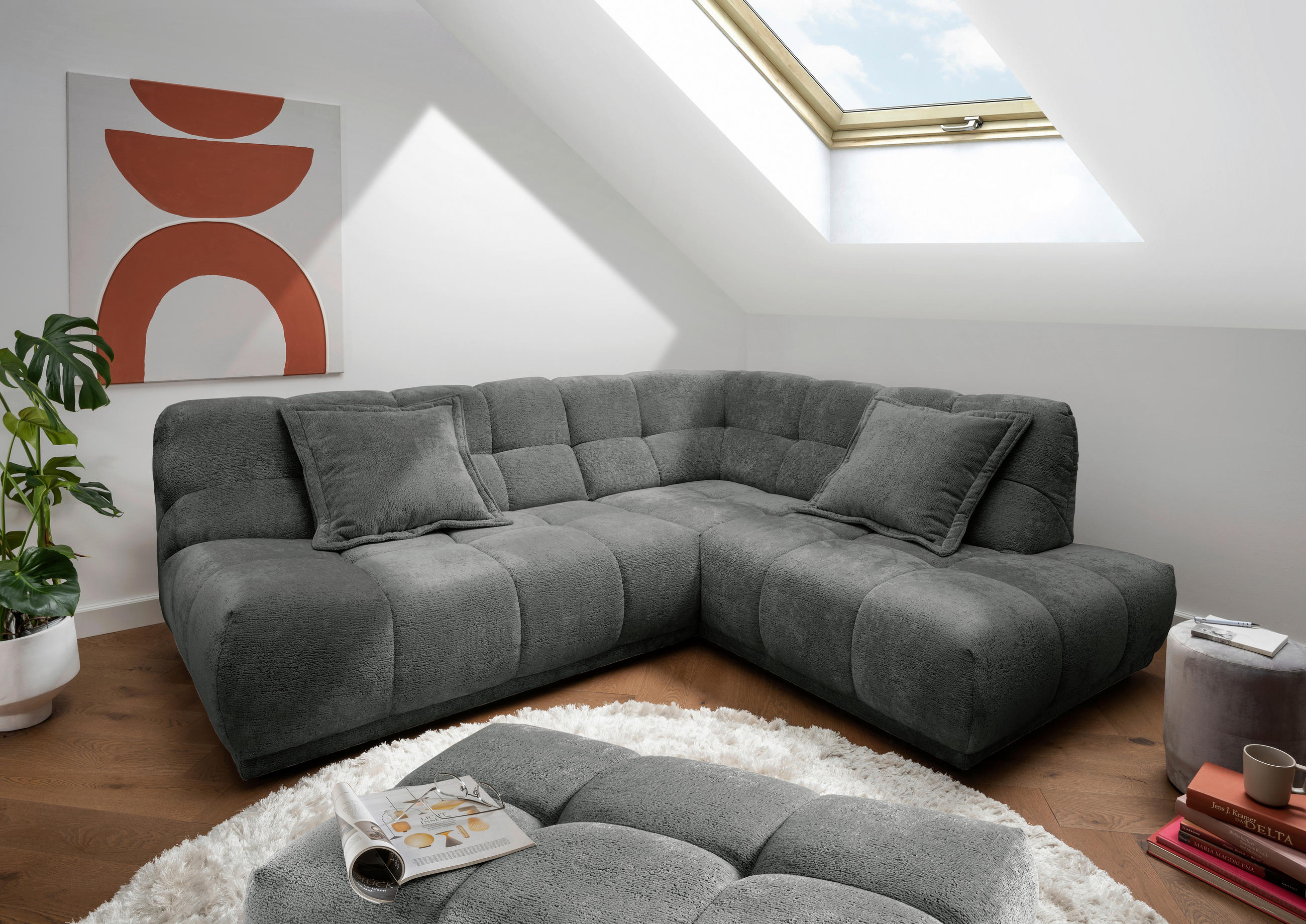 ECKSOFA ITALIA in Chenille Anthrazit  254/203 cm  - Anthrazit/Schwarz, MODERN, Kunststoff/Textil (254/203cm) - Livetastic