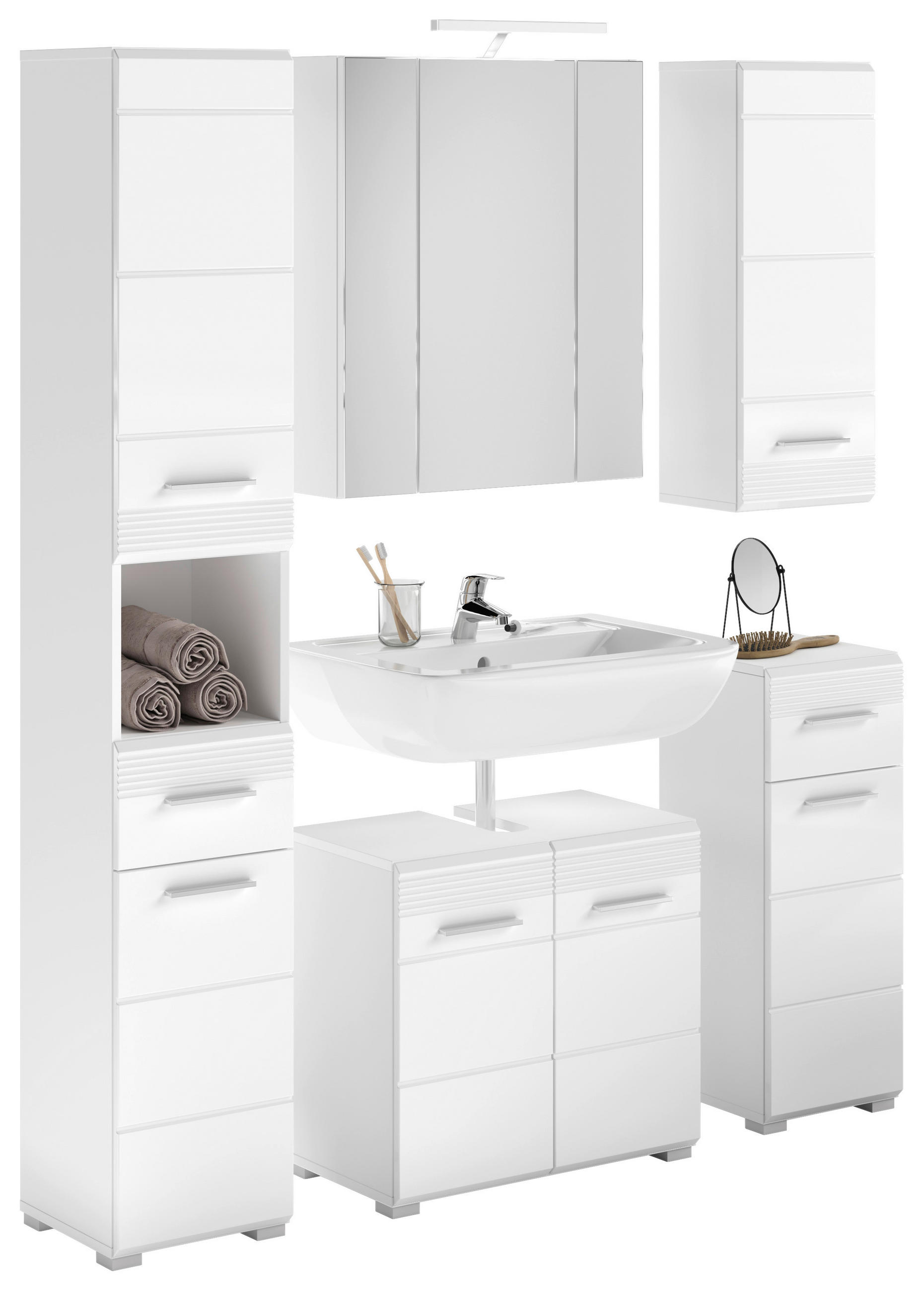 BADEZIMMER 5-teilig  in 120 cm  - Weiß Hochglanz/Silberfarben, MODERN, Glas/Holzwerkstoff (120cm) - MID.YOU