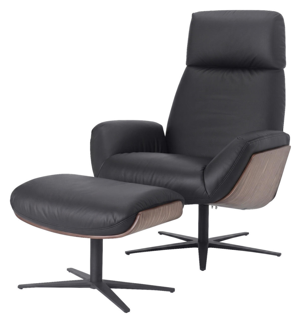 RELAXSESSELSET Echtleder Relaxfunktion, Hocker    - Walnussfarben/Schwarz, Design, Leder/Holz (86/84-124/95-113cm) - Dieter Knoll