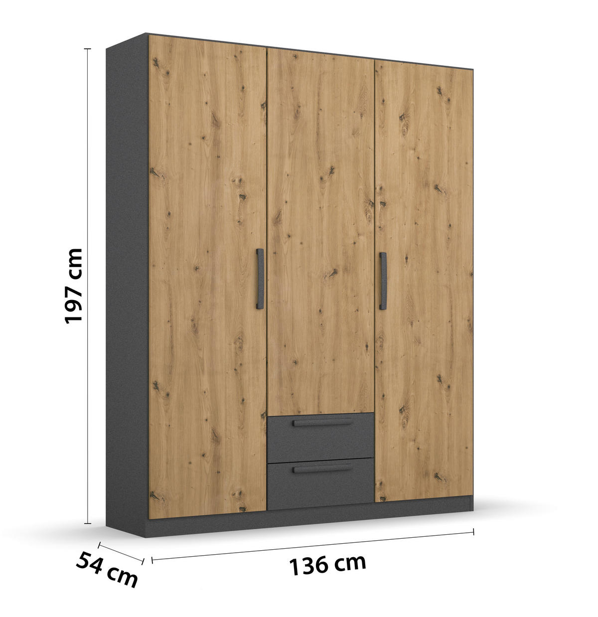 DREHTÜRENSCHRANK 136/197/54 cm,  in Grau, Eiche Artisan, 3-türig  - Eiche Artisan/Grau, MODERN, Holzwerkstoff/Kunststoff (136/197/54cm) - Rauch Möbel