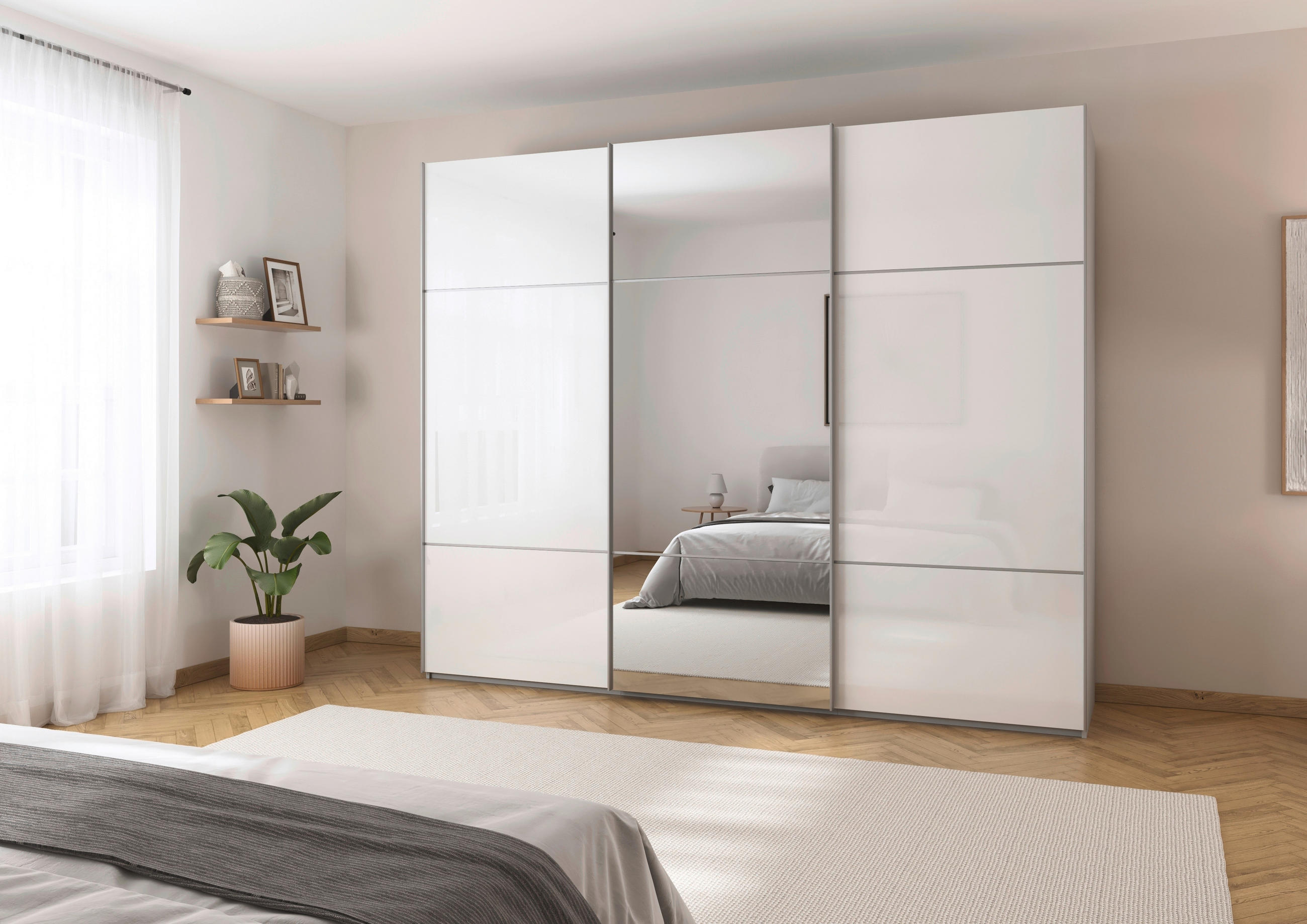 SCHWEBETÜRENSCHRANK in Grau, Weiss  - Weiss/Alufarben, Konventionell, Glas/Holzwerkstoff (301/223/68cm) - Novel