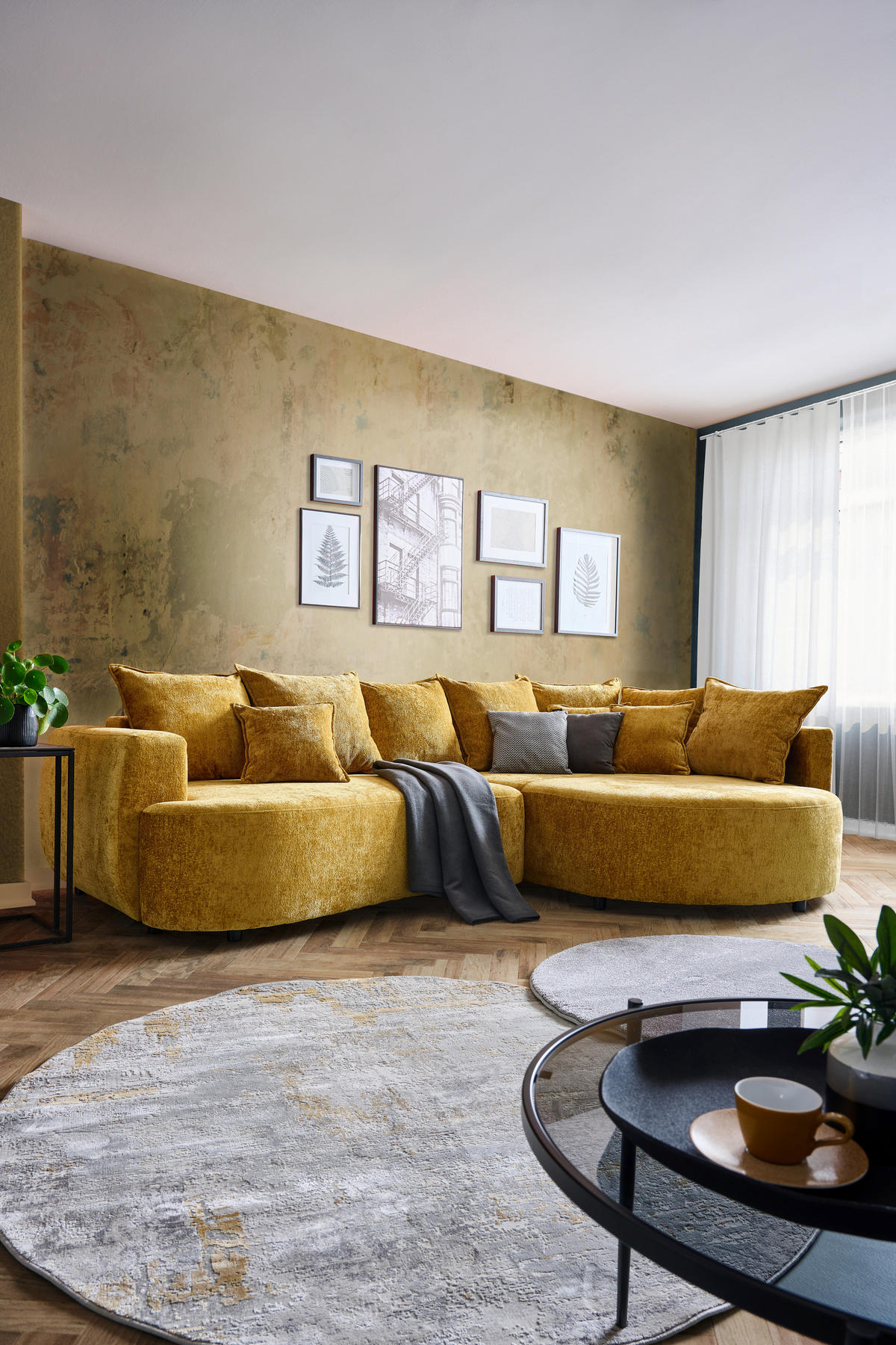 ECKSOFA in Chenille Goldfarben  - Goldfarben/Schwarz, Design, Kunststoff/Textil (307/194cm) - Carryhome