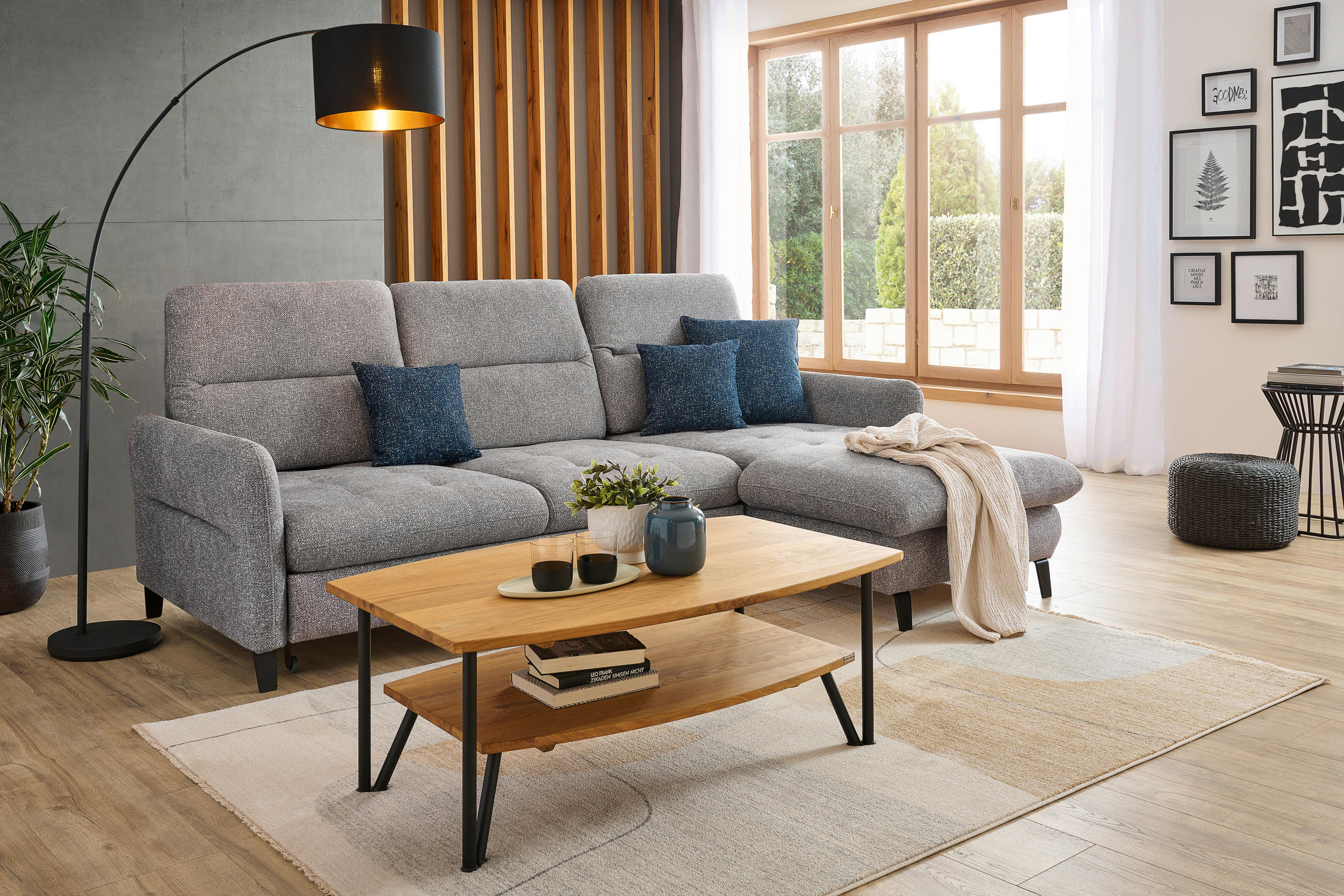 ECKSOFA Hellgrau Plüsch  - Hellgrau/Schwarz, KONVENTIONELL, Textil/Metall (254/190cm) - Livetastic