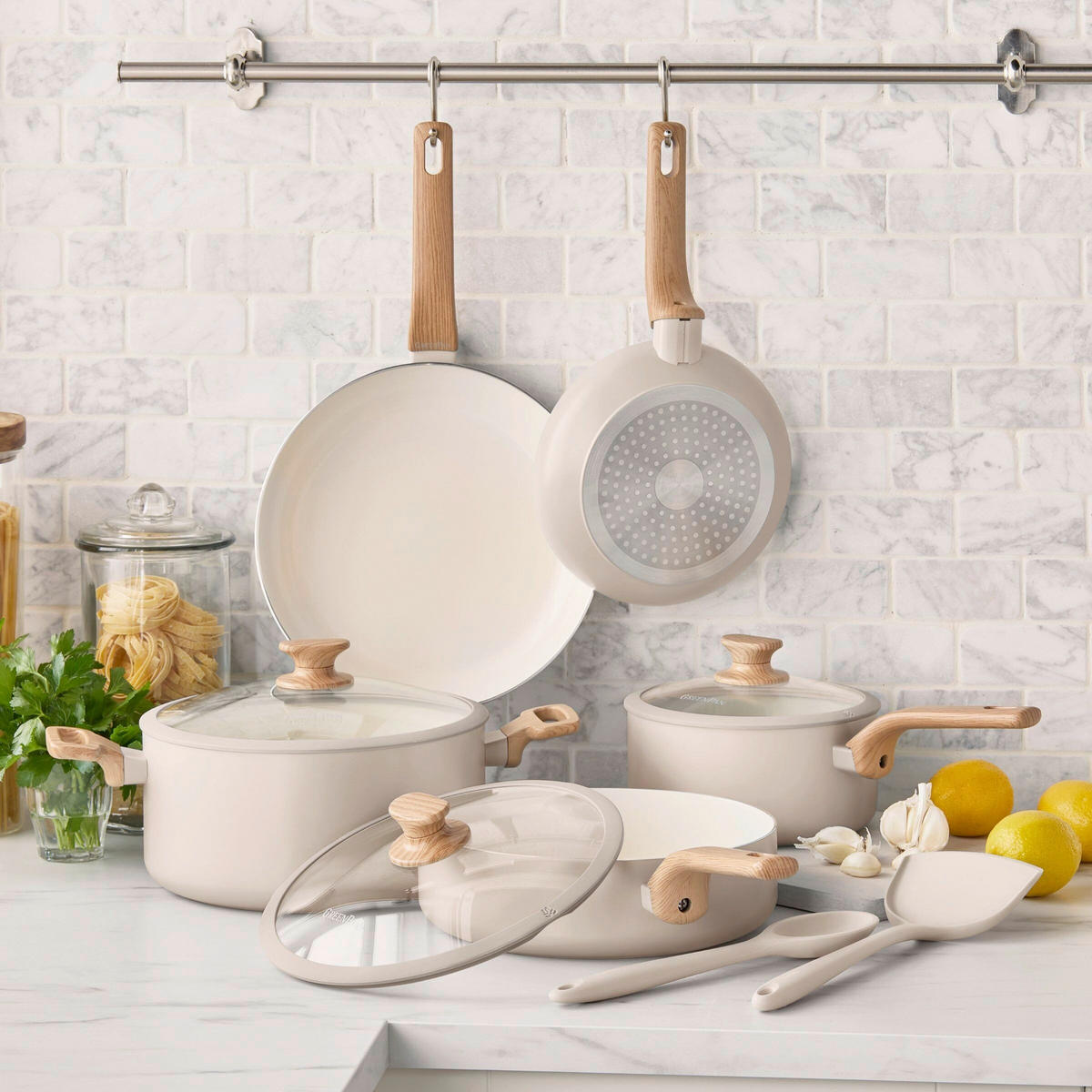 KOCHTOPFSET Essence 5-teilig  - Tannenholzfarben/Creme, Basics, Glas/Kunststoff - GreenPan