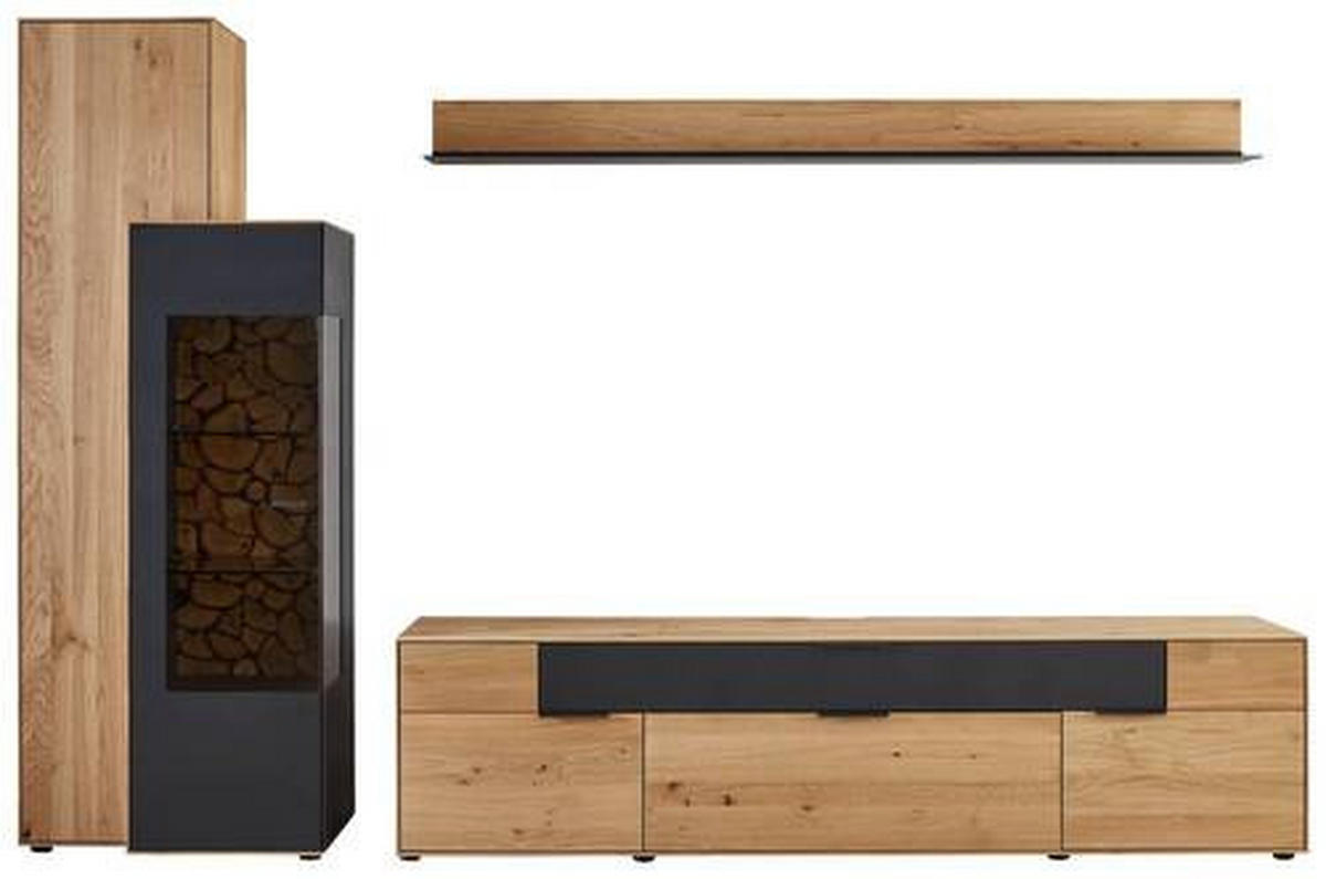 WOHNWAND  in Schwarz, Eichefarben  299,3/195,9/45,2 cm  - Eichefarben/Schwarz, Design, Glas/Holz (299,3/195,9/45,2cm) - Valdera