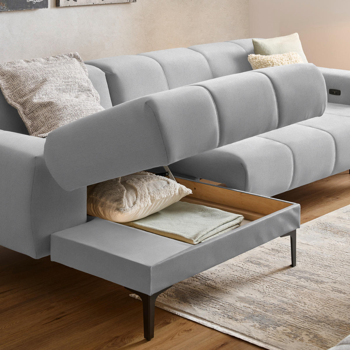 ECKSOFA in Chenille Greige  - Greige/Schwarz, Design, Textil/Metall (167/311cm) - Xora