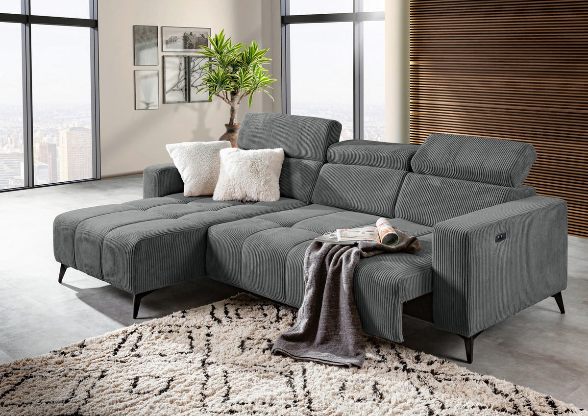 ECKSOFA Dunkelgrau Cord Rücken echt, Kopfteilverstellung, Sitzvorzug  - Dunkelgrau/Schwarz, KONVENTIONELL, Textil/Metall (170/257cm) - Carryhome