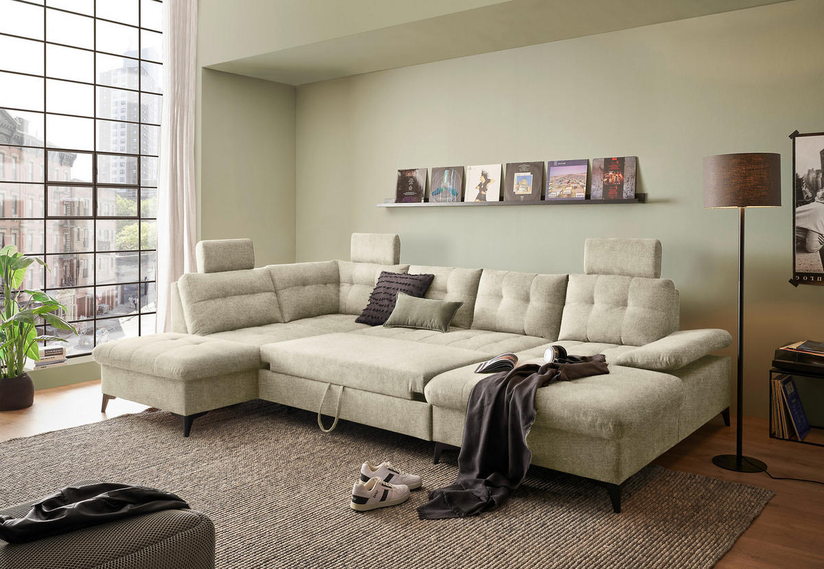WOHNLANDSCHAFT in Webstoff Beige  - Beige/Schwarz, Konventionell, Kunststoff/Textil (218/324/170cm) - MID.YOU