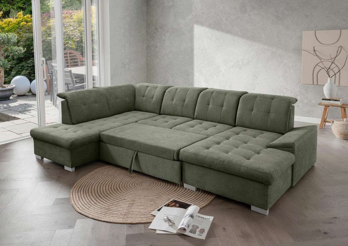 WOHNLANDSCHAFT in Chenille Dunkelgrün  - Chromfarben/Dunkelgrün, Modern, Kunststoff/Textil (212/330/169cm) - Livetastic