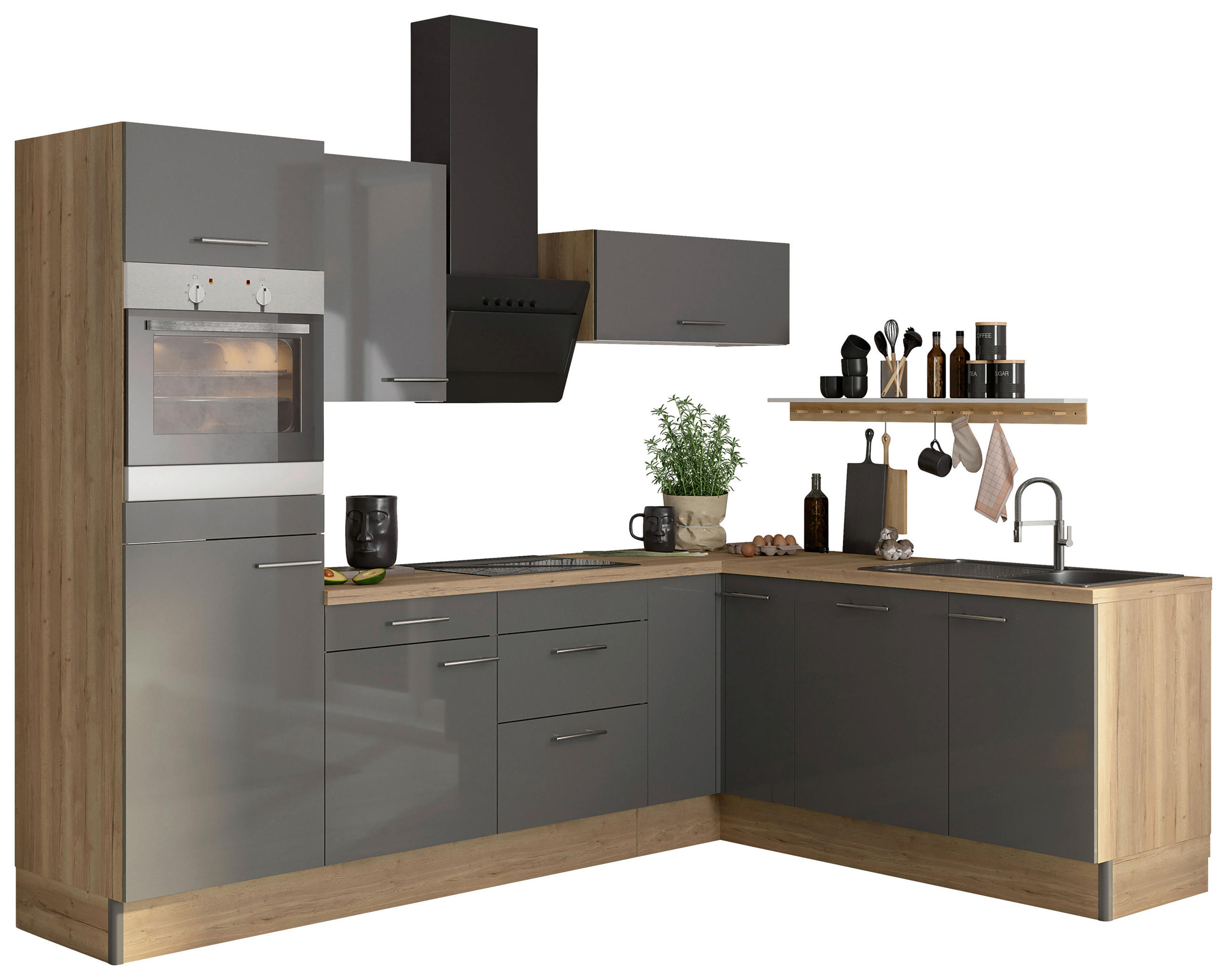 ECKKÜCHE 270/200 cm  in Anthrazit, Eichefarben  - Edelstahlfarben/Eichefarben, Basics, Holzwerkstoff/Metall (270/200cm) - Optifit
