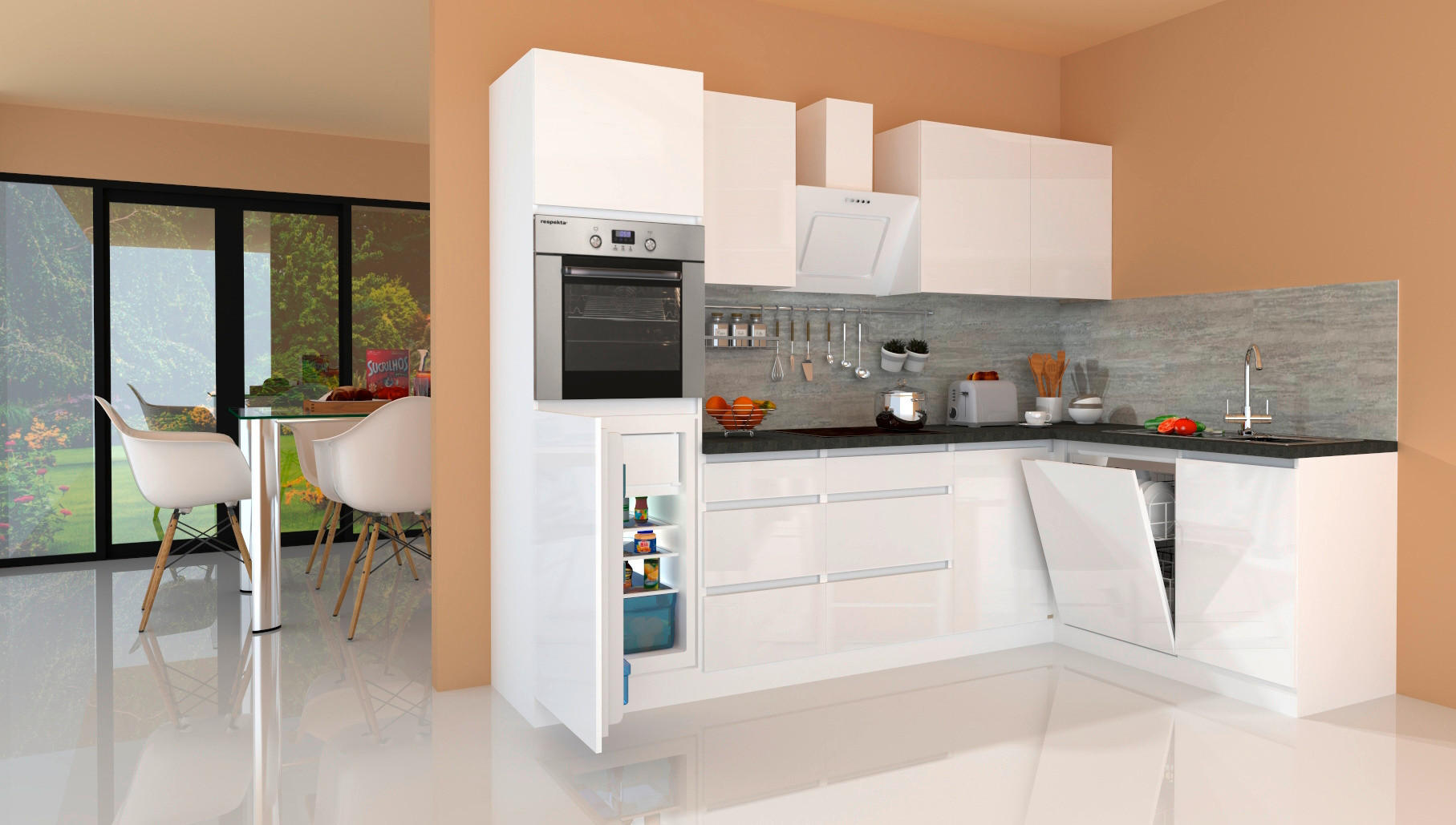 ROHOVÁ KUCHYNĚ PREMIUM 280 - bílá/šedá, Moderní, kompozitní dřevo (280/172cm) - Respekta