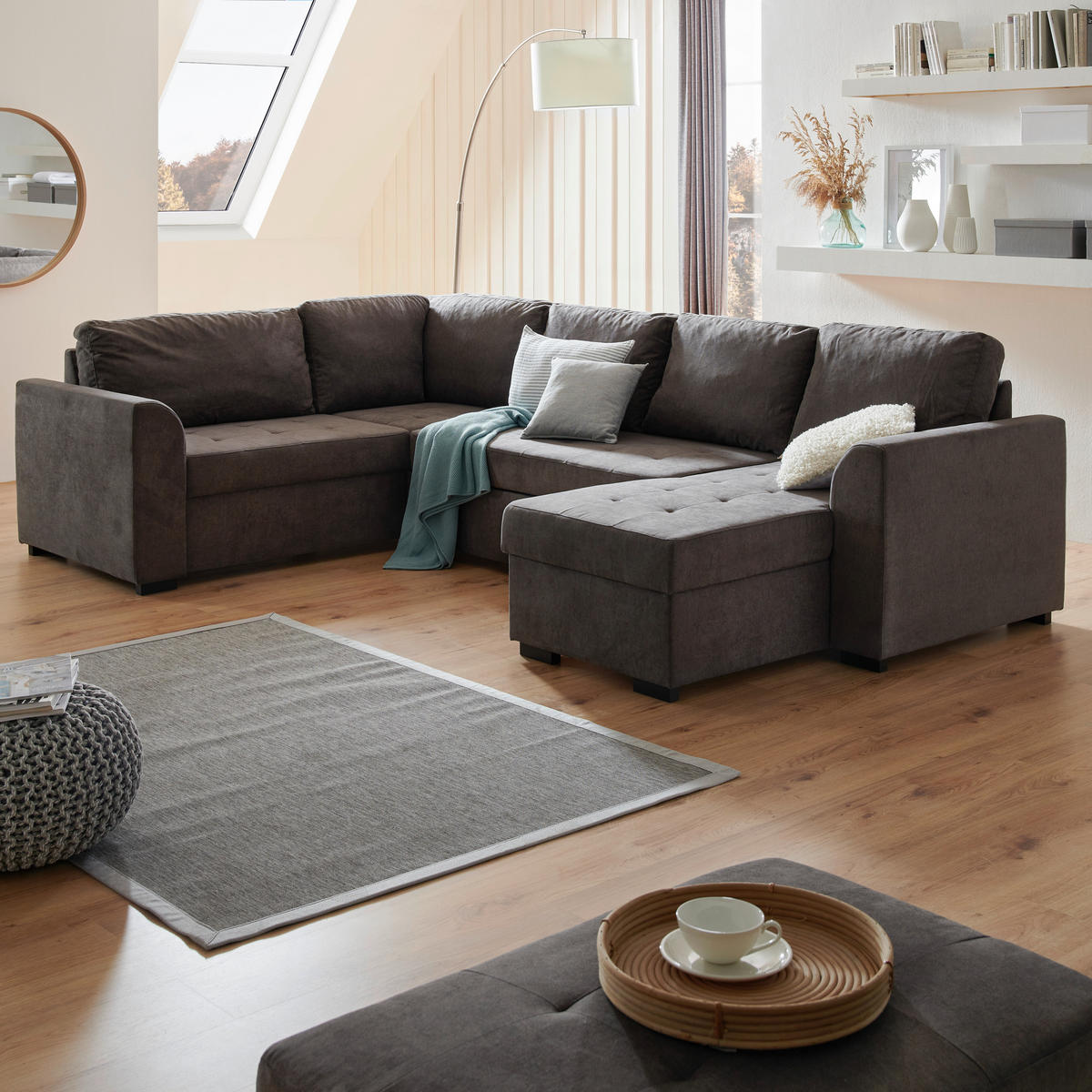 WOHNLANDSCHAFT inkl.Funktionen Beige Webstoff  - Beige/Schwarz, Design, Kunststoff/Textil (205/311/160cm) - Xora