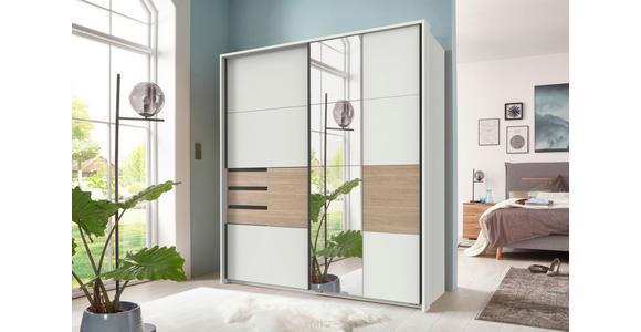 SCHWEBETÜRENSCHRANK  in Weiß, Eichefarben  - Eichefarben/Schwarz, KONVENTIONELL, Glas/Holzwerkstoff (180/198/65cm) - Carryhome