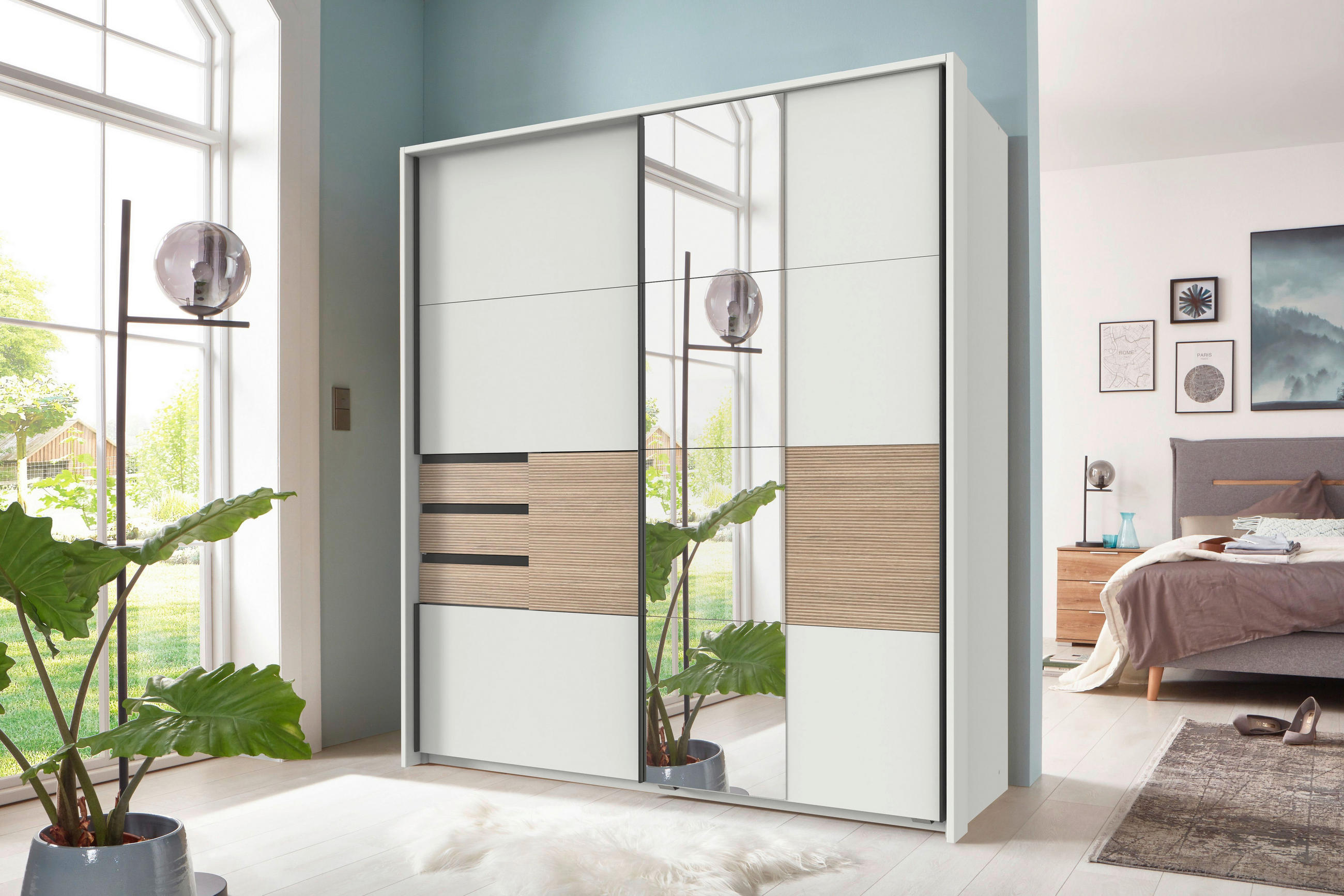 SCHWEBETÜRENSCHRANK 180/198/65 cm 2-türig Weiß, Eichefarben  - Eichefarben/Schwarz, KONVENTIONELL, Glas/Holzwerkstoff (180/198/65cm) - Boxxx