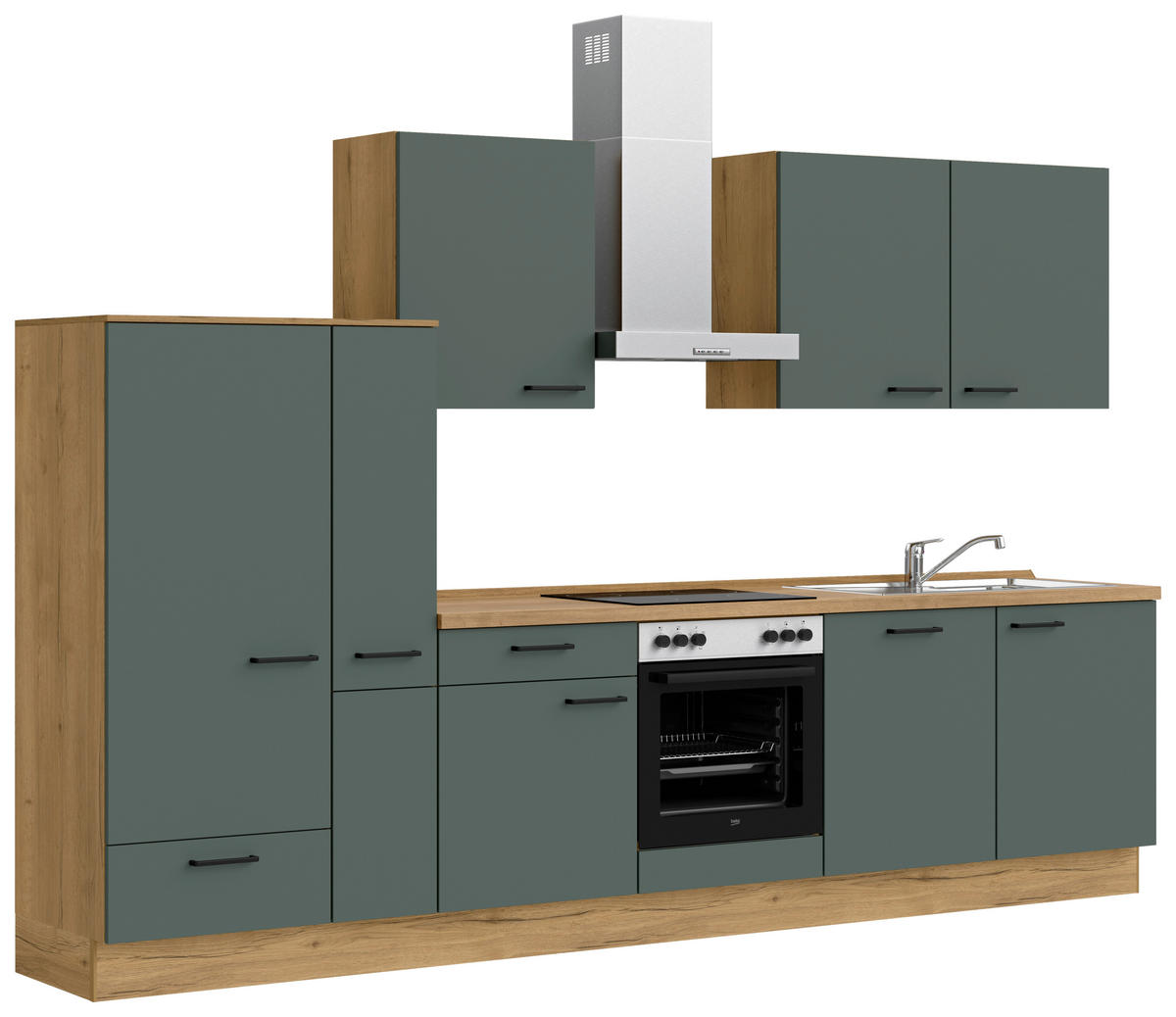 KÜCHENBLOCK 330 cm   in Eichefarben, Dunkelgrün  - Dunkelgrün/Eichefarben, MODERN, Holzwerkstoff/Metall (330cm) - Nobilia