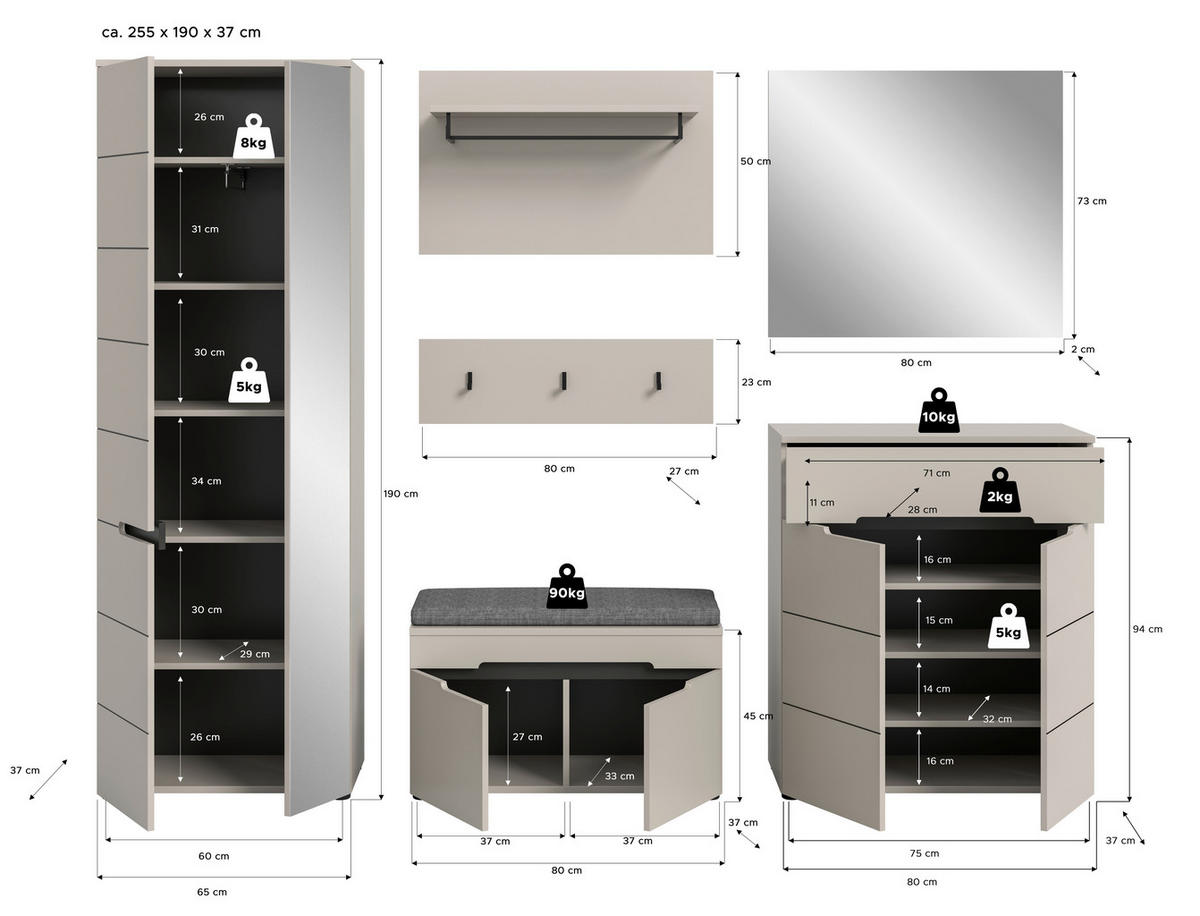 GARDEROBE 6-teilig  in 255/190/37 cm  - Kaschmir/Grau, Design, Holzwerkstoff (255/190/37cm) - MID.YOU
