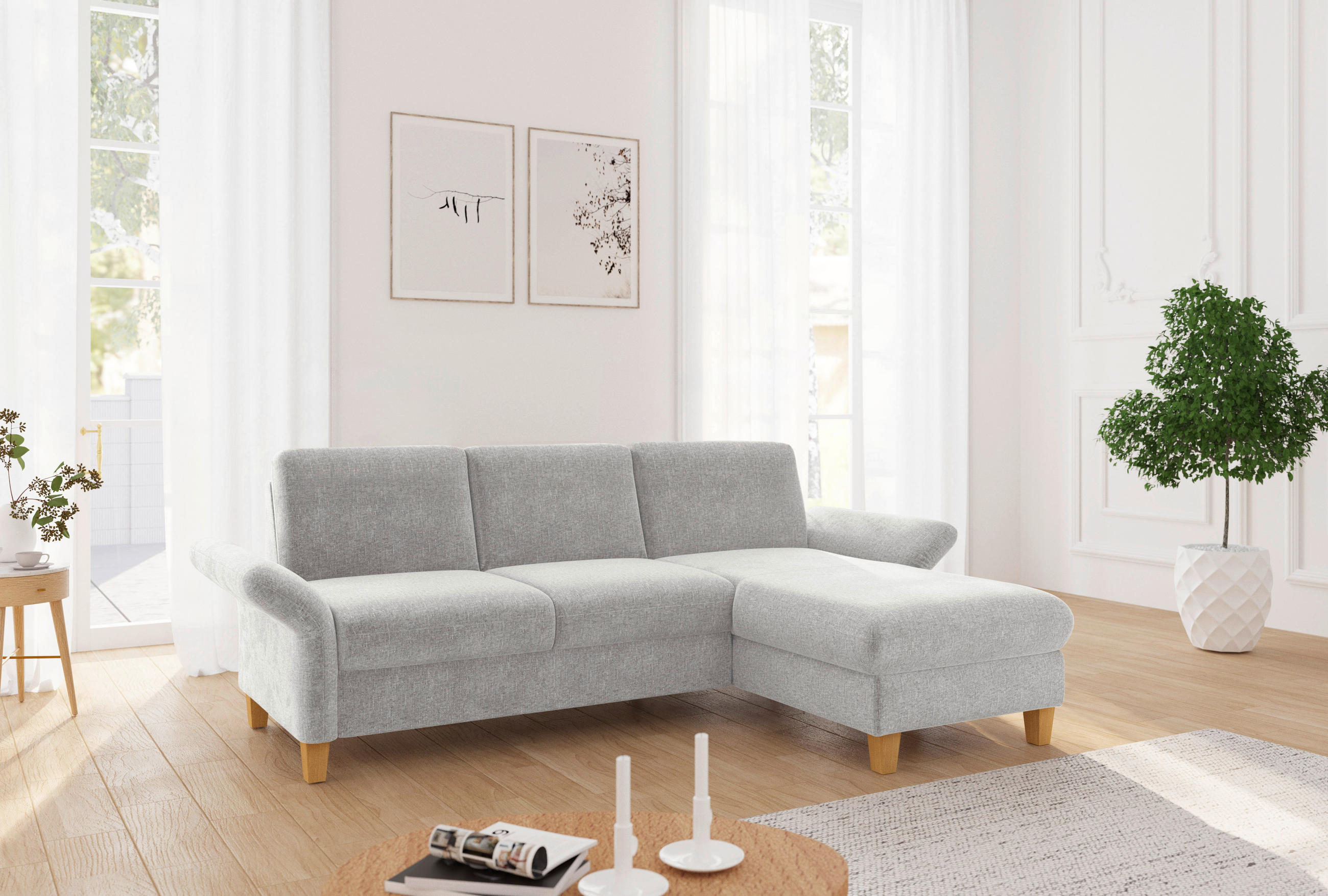 ECKSOFA ROCHELLE E Hellgrau Flachgewebe  - Eichefarben/Hellgrau, KONVENTIONELL, Holz/Textil (251/164cm) - Sit & More