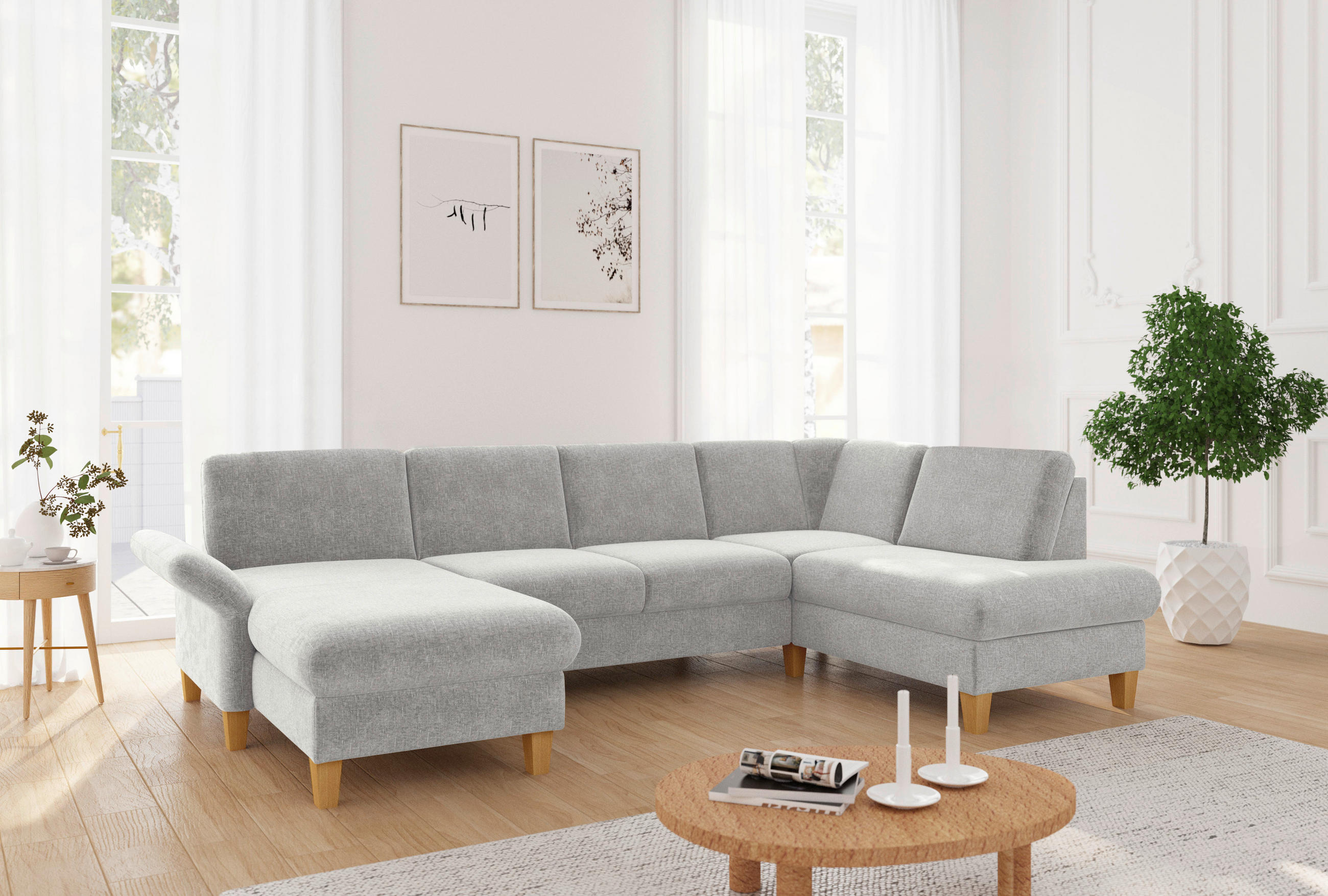 WOHNLANDSCHAFT Hellgrau Flachgewebe  - Eichefarben/Hellgrau, KONVENTIONELL, Holz/Textil (164/314/195cm) - Sit & More