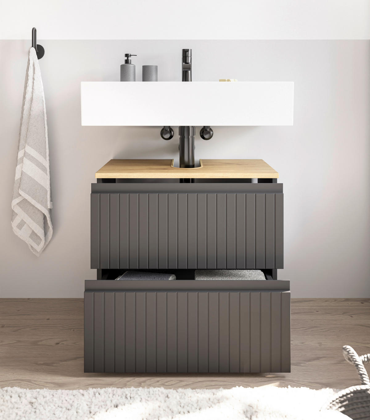 WASCHBECKENUNTERSCHRANK 60/57/36 cm  - Eichefarben/Schwarz, MODERN, Holzwerkstoff/Kunststoff (60/57/36cm) - MID.YOU