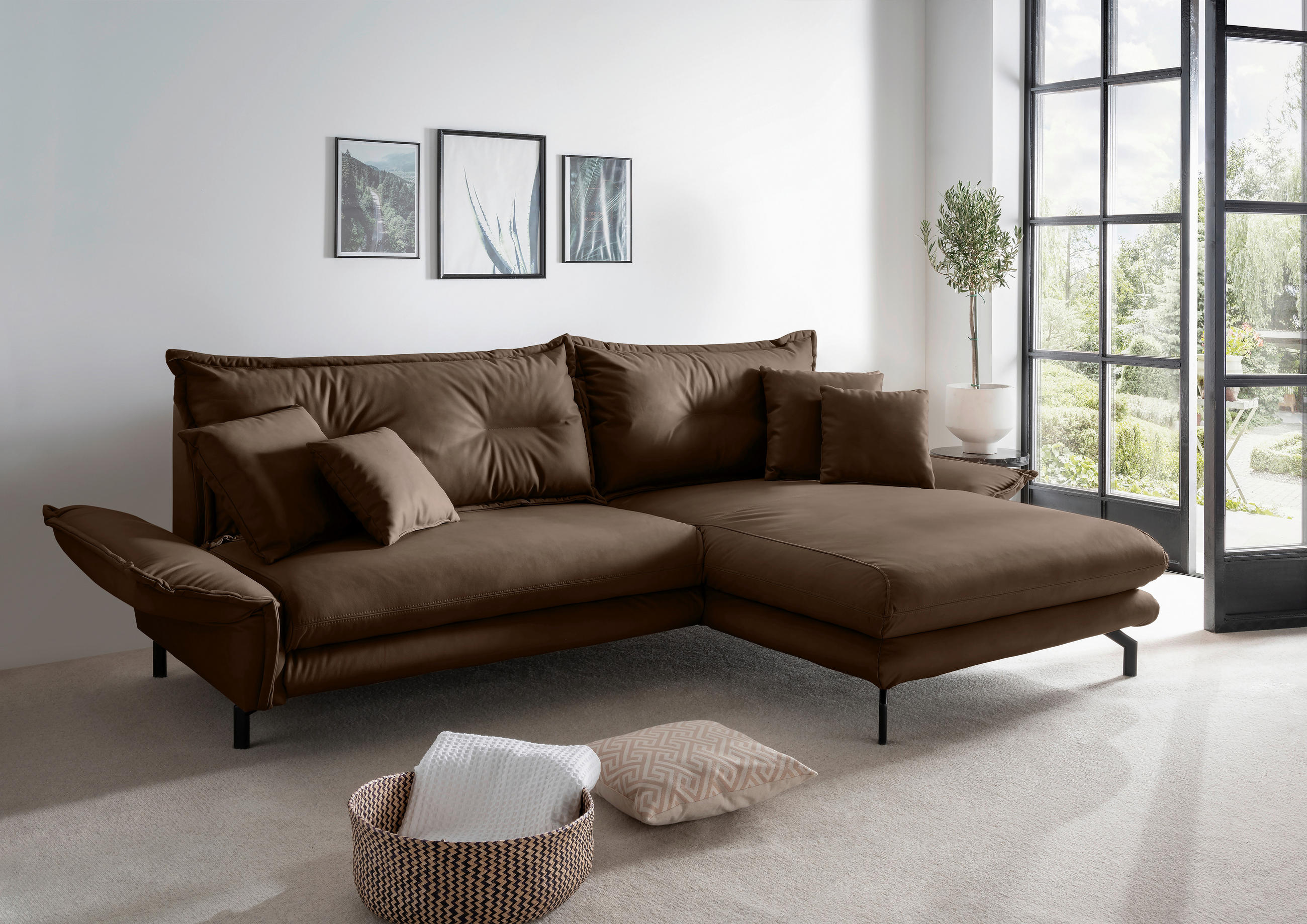 ECKSOFA in Lederlook Braun  - Schwarz/Braun, Modern, Textil/Metall (255/180cm) - Livetastic