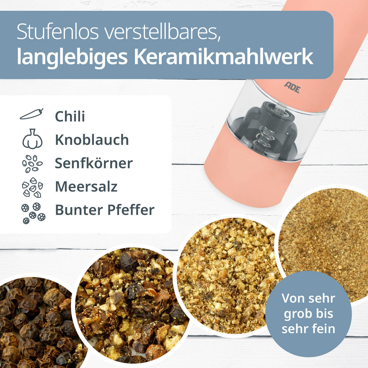 ELEKTR. SALZ-/PFEFFERMÜHLE  - Koralle, Basics, Kunststoff/Metall (3,8/3,8/14cm) - ADE