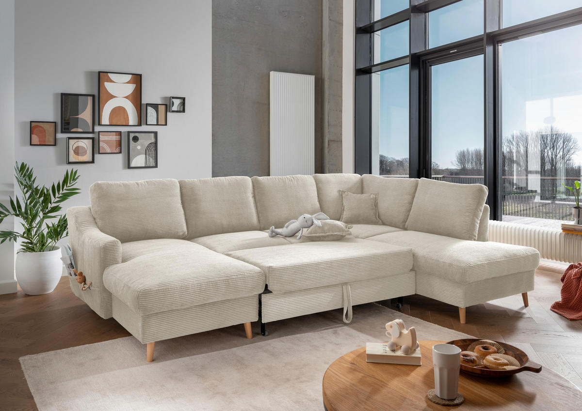 WOHNLANDSCHAFT in Cord Beige  - Beige/Naturfarben, Konventionell, Holz/Textil (150/301/200cm) - P & B