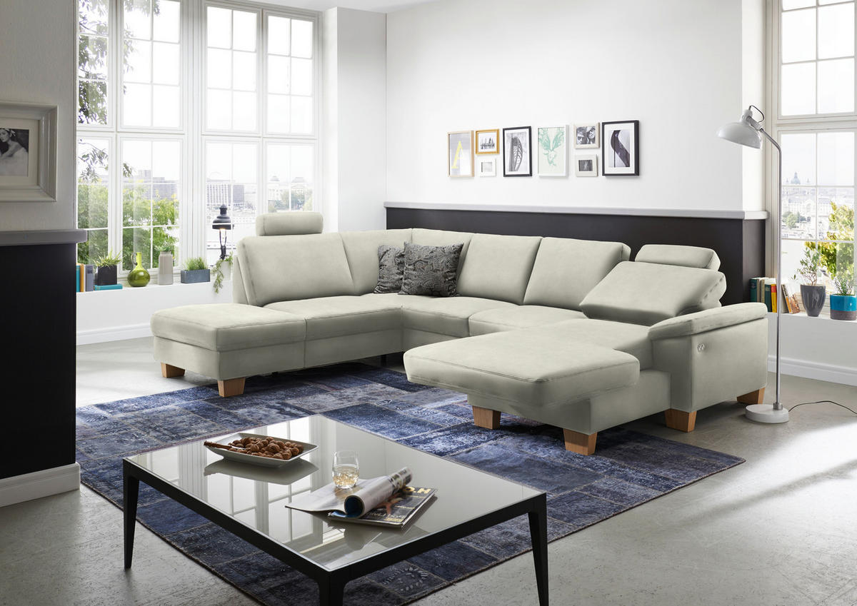 WOHNLANDSCHAFT in Velours Ecru  - Ecru/Eichefarben, Konventionell, Holz/Textil (235/316/167cm) - Beldomo System