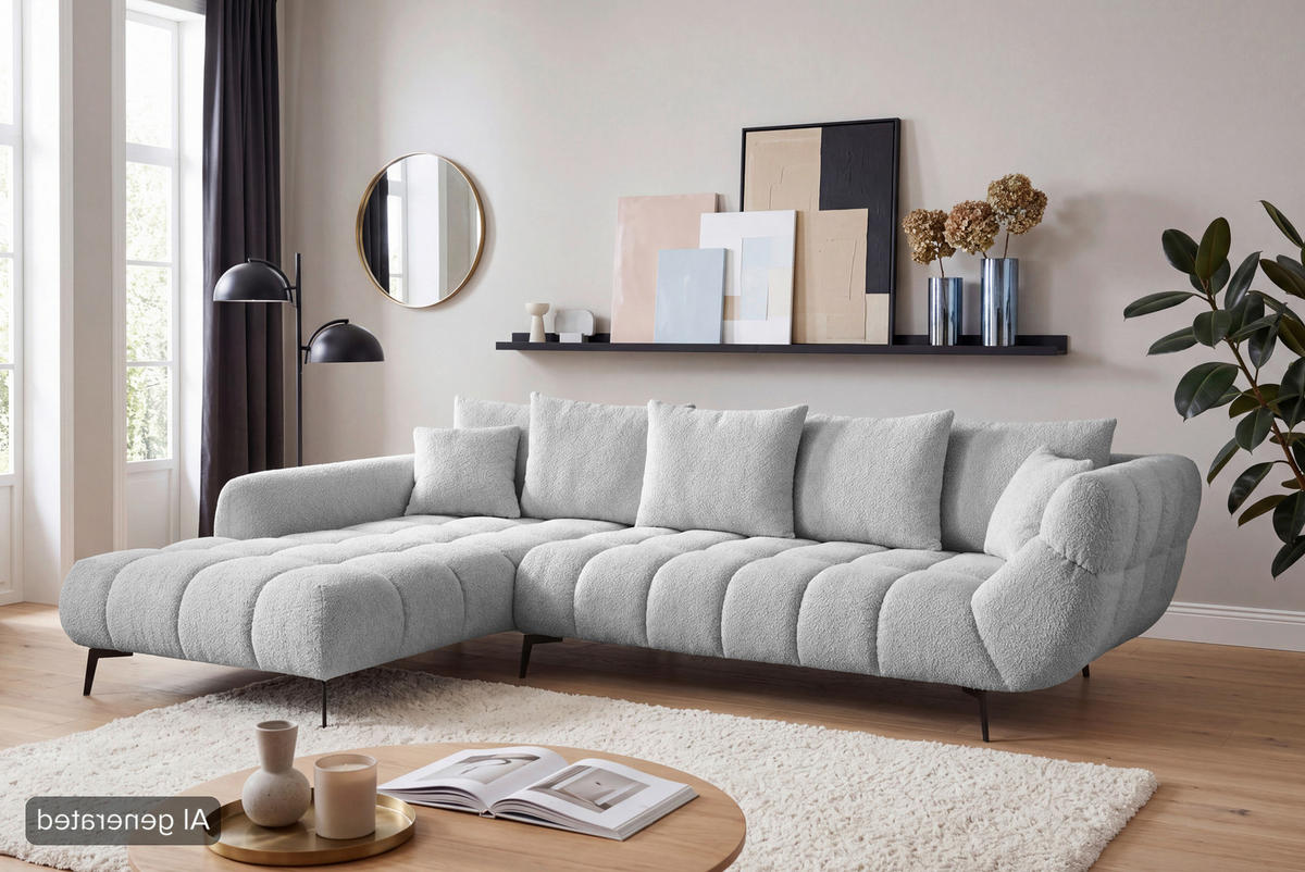 ECKSOFA Silberfarben Bouclé Zierkissen, Rückenkissen, Rücken echt  - Silberfarben/Schwarz, MODERN, Textil/Metall (217/318cm) - Carryhome