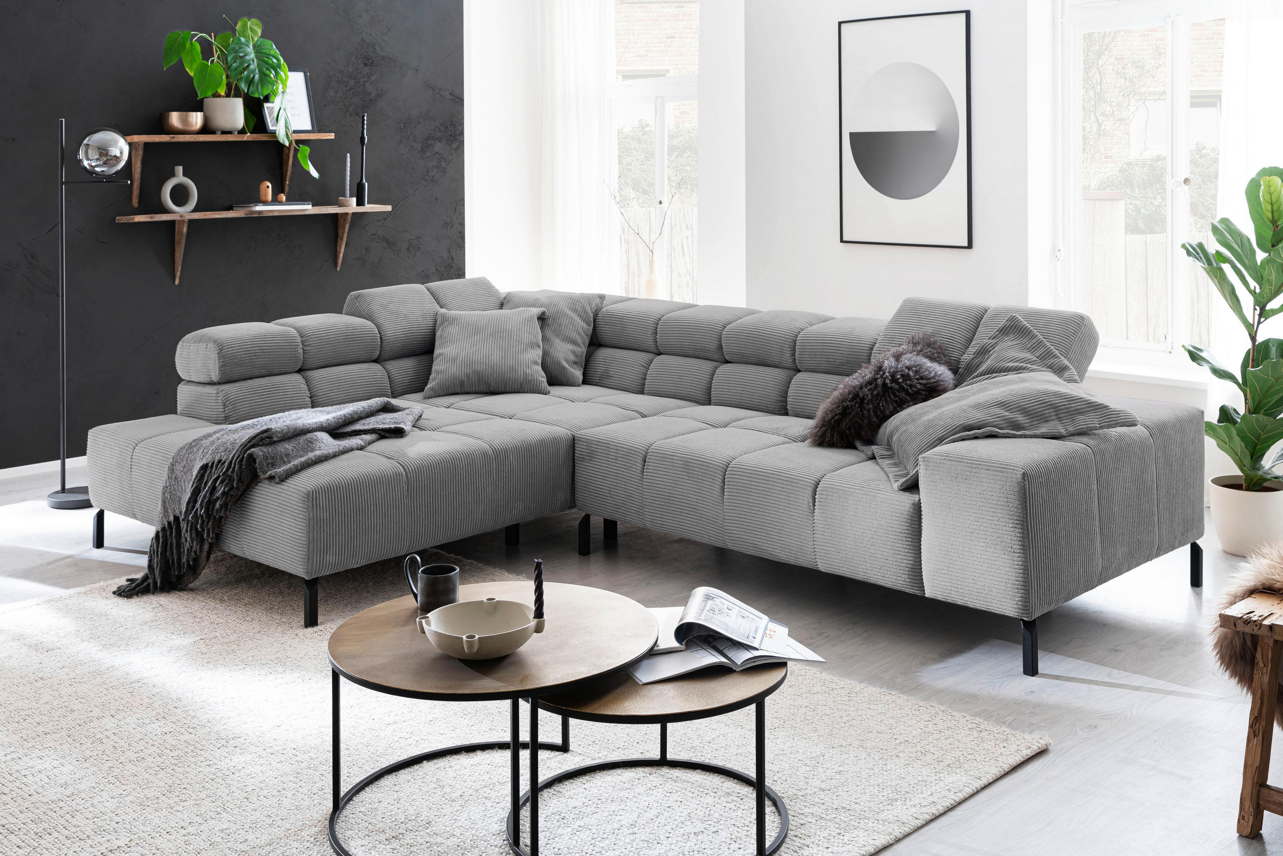 ECKSOFA in Cord Dunkelgrau 216/321 cm - Dunkelgrau/Schwarz, Design, Textil/Metall (216/321cm) - Hom`in