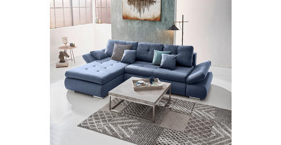 ECKSOFA Blau Webstoff Zierkissen, Rückenkissen, Bettkasten, Schlaffunktion, Rücken echt, Armteilverstellung  - Chromfarben/Blau, Design, Kunststoff/Textil (302/187cm) - Carryhome