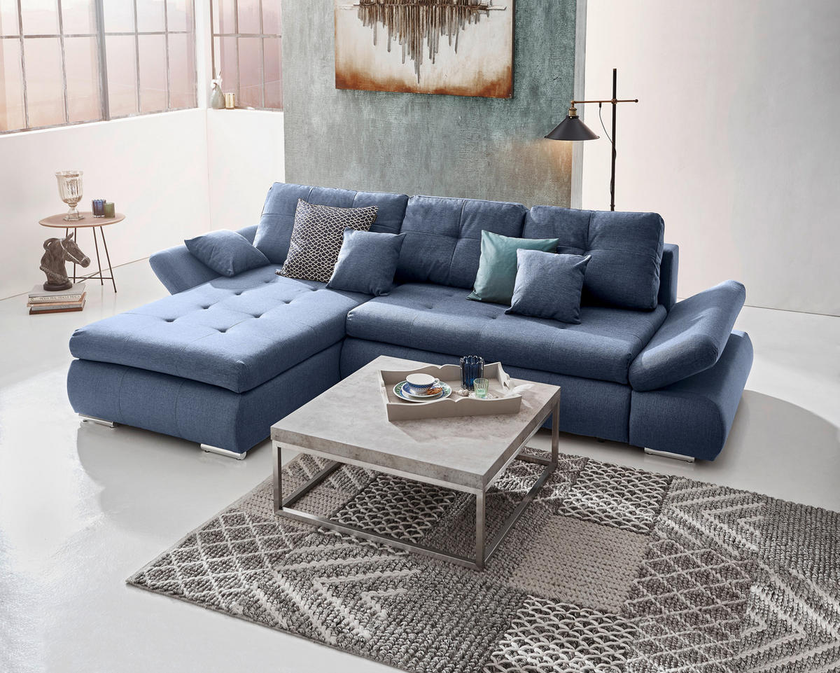 ECKSOFA Blau Webstoff  - Chromfarben/Blau, Design, Kunststoff/Textil (302/187cm) - Carryhome