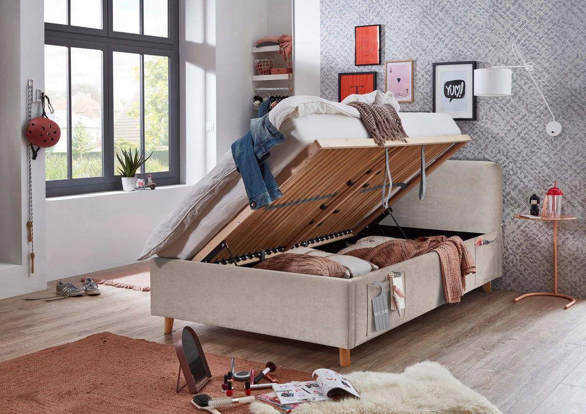 POLSTERBETT 120/200 cm,  in Eichefarben, Beige, Lattenrost, Bettkasten, Betttasche,  - Eichefarben/Birkefarben, KONVENTIONELL, Holz/Textil (120/200cm) - Boxxx