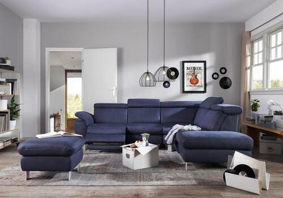 ECKSOFA Dunkelblau Flachgewebe, Mikrofaser  - Beige/Alufarben, Design, Textil/Metall (271/239cm) - Cantus