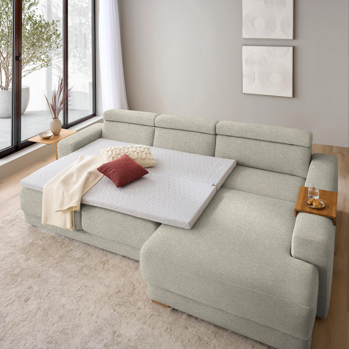 ECKSOFA  in Chenille Hellgrau  316/206 cm  - Eichefarben/Hellgrau, Design, Textil (316/206cm) - Sedda