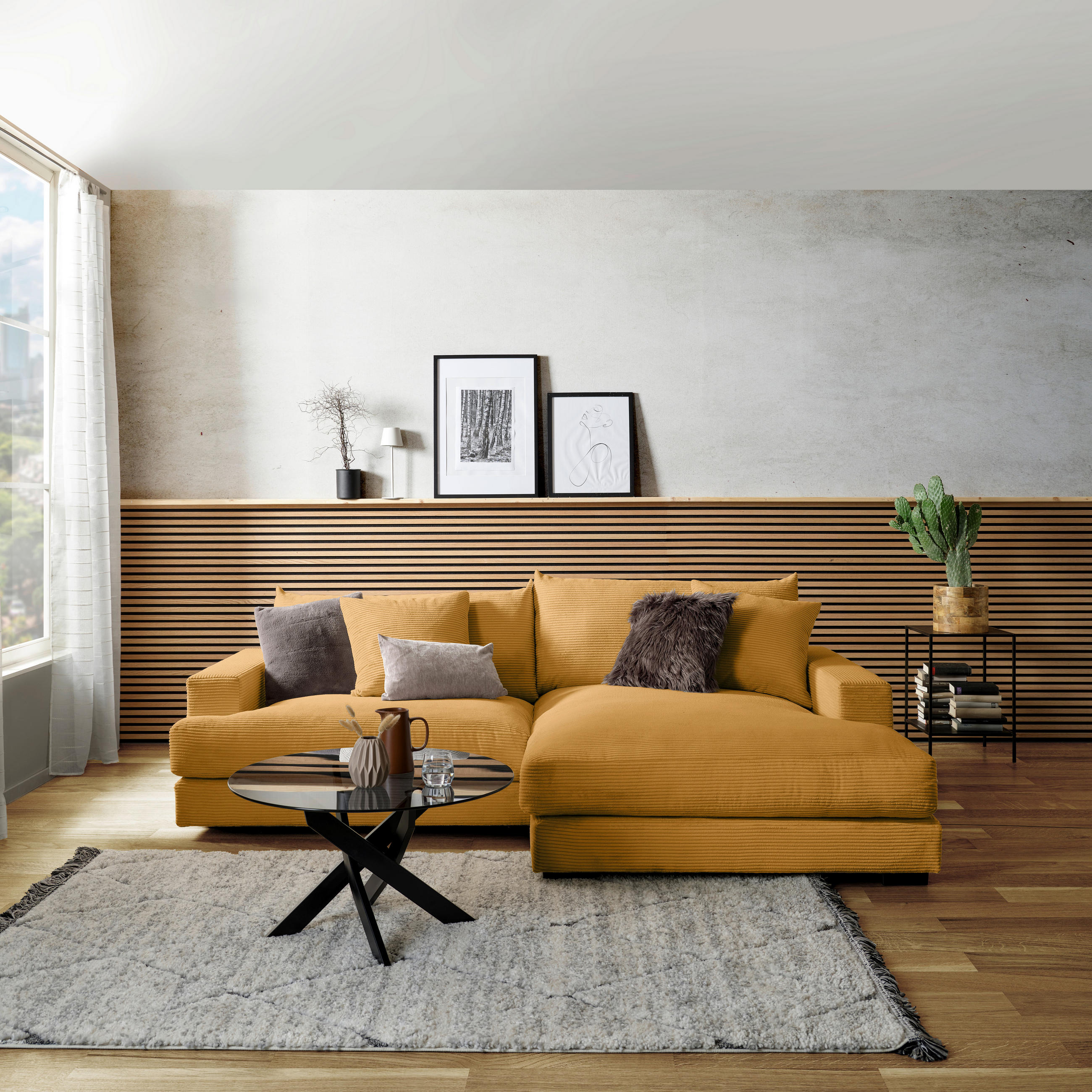ECKSOFA Senfgelb Cord  - Senfgelb/Schwarz, MODERN, Textil (265/180cm) - P & B