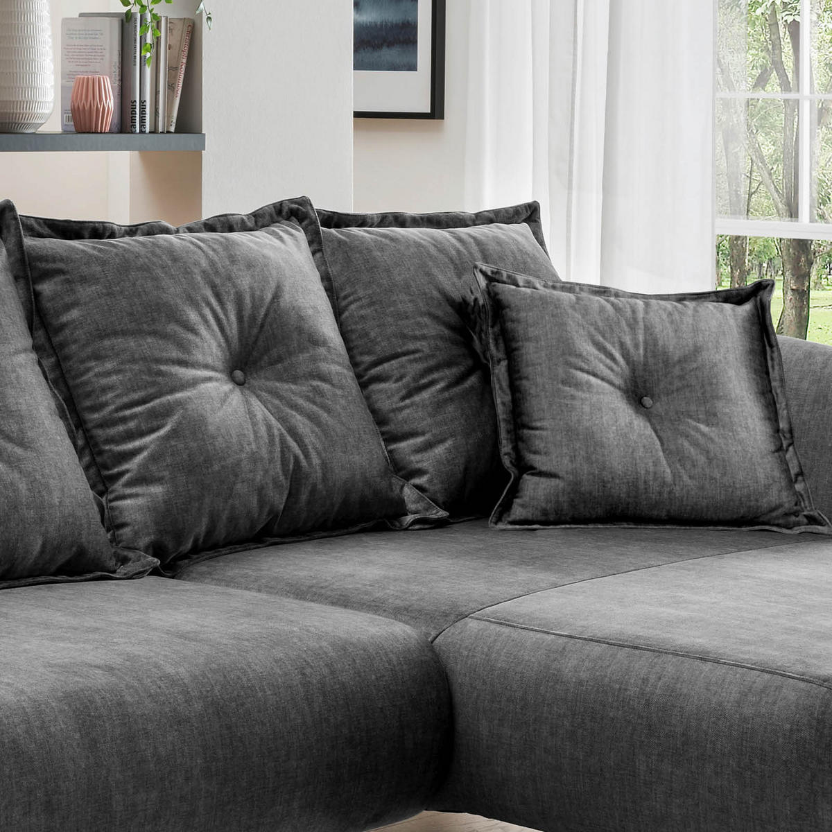 ECKSOFA in Velours Grau  - Buchefarben/Grau, Modern, Holz/Textil (277/162cm) - Livetastic