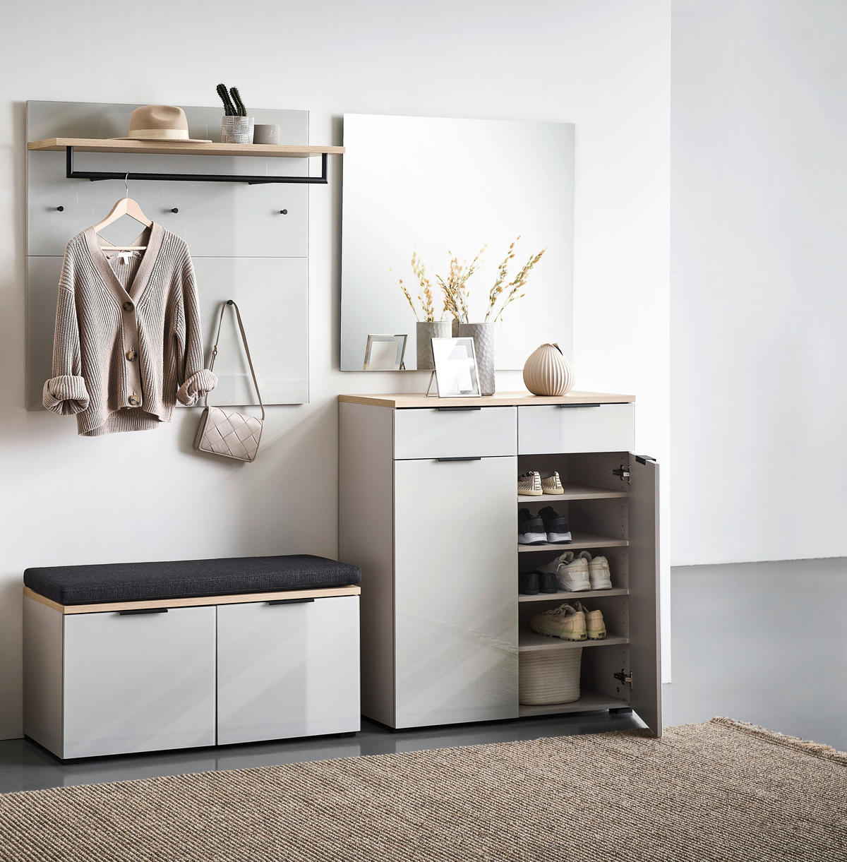 GARDEROBE 5-teilig  in 200/197/40 cm  - Kaschmir/Eichefarben, Design, Glas/Holzwerkstoff (200/197/40cm) - Voleo