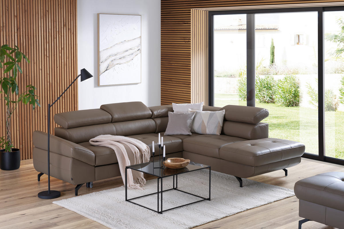 ECKSOFA in Echtleder Haselnussfarben  - Schwarz/Haselnussfarben, Design, Leder/Metall (270/220cm) - Novel