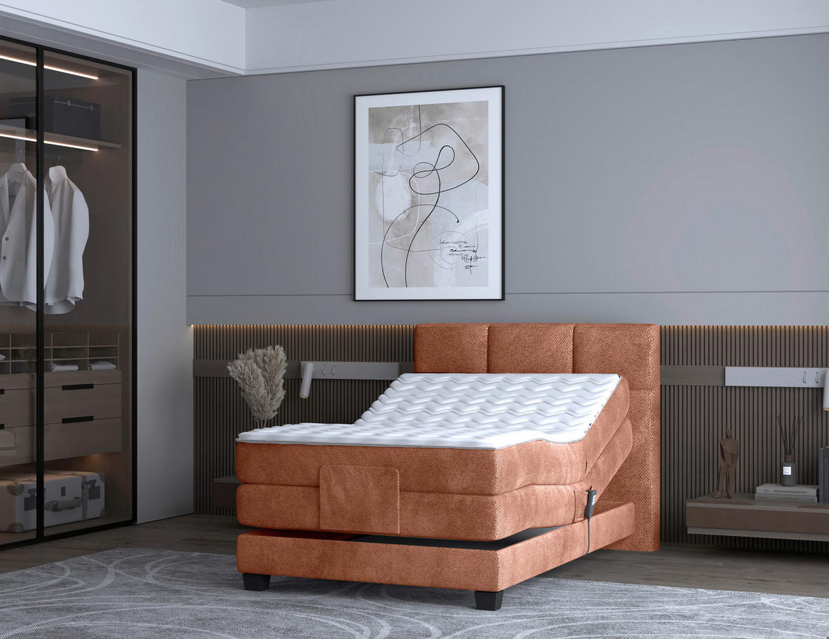 BOXSPRINGBETT 120/200 cm,  in Orange, Matratze, Topper, motorische Verstellbarkeit, Fernbedienung, H3 = fest  - Schwarz/Orange, KONVENTIONELL, Holz/Kunststoff (120/200cm) - Chameo