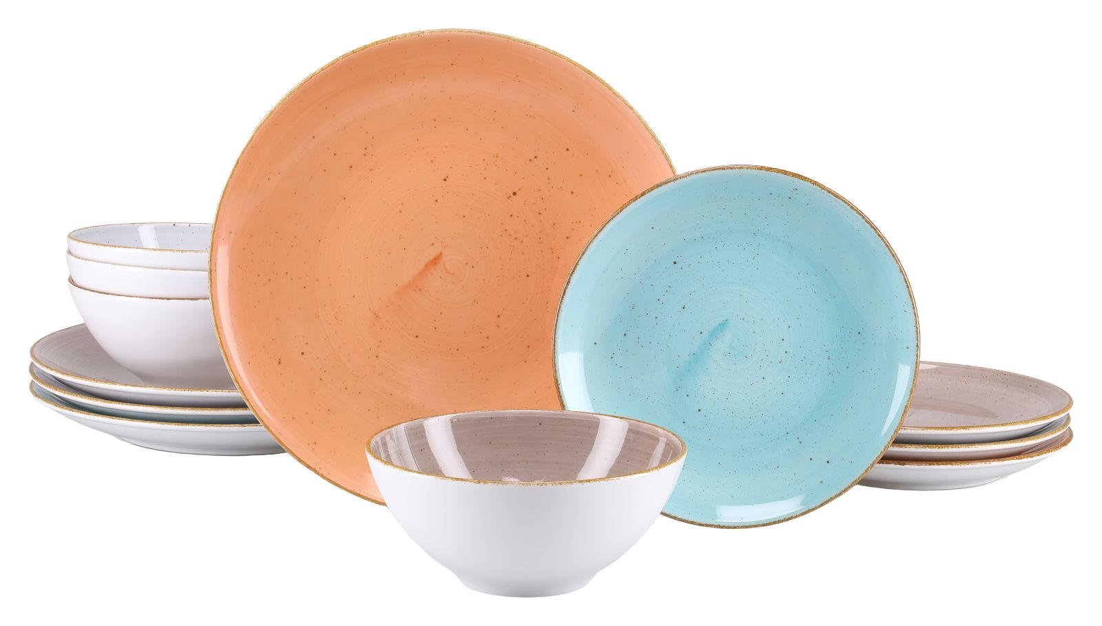 TAFELSERVICE Orange, Weiß, Hellblau, Graubraun Vintage Nature Bunt 12-teilig  - Graubraun/Orange, Basics, Keramik - Creatable